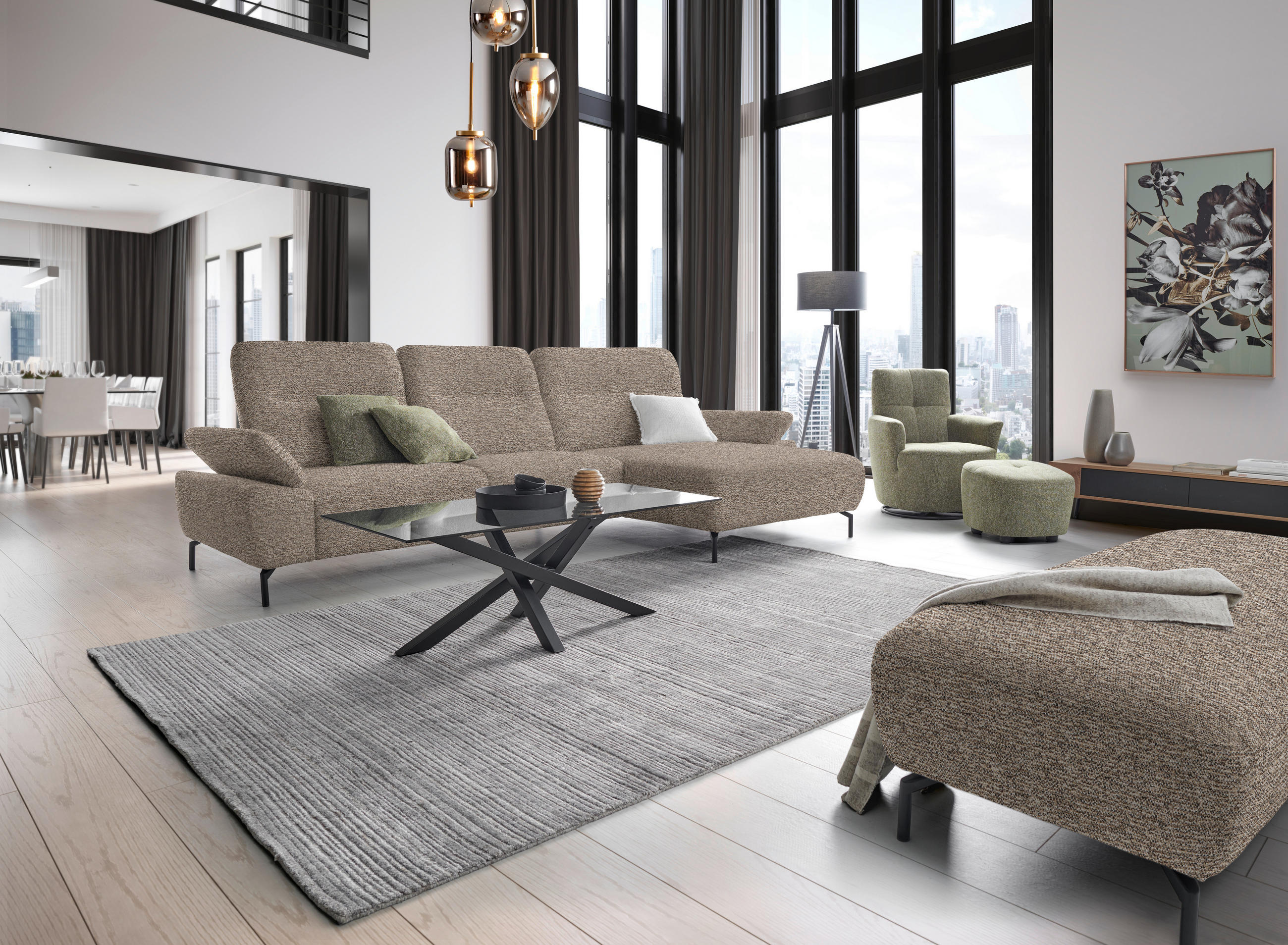 ECKSOFA in Chenille, Flachgewebe Beige  318/165 cm  - Beige/Schwarz, Design, Textil/Metall (318/165cm) - Xora