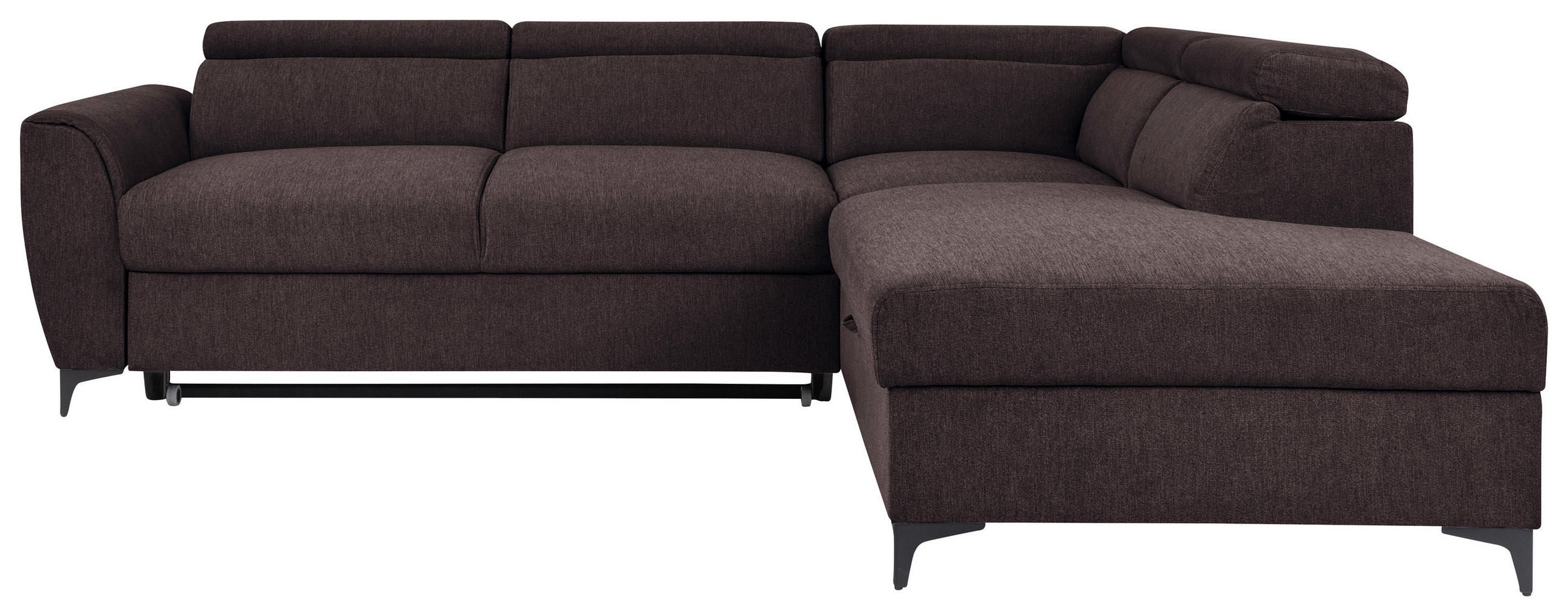 ECKSOFA Dunkelbraun Velours Bettkasten, Schlaffunktion, Rücken echt, Kopfteilverstellung, Liegefläche im Originalstoff  - Dunkelbraun/Schwarz, KONVENTIONELL, Textil/Metall (255/217cm) - Carryhome