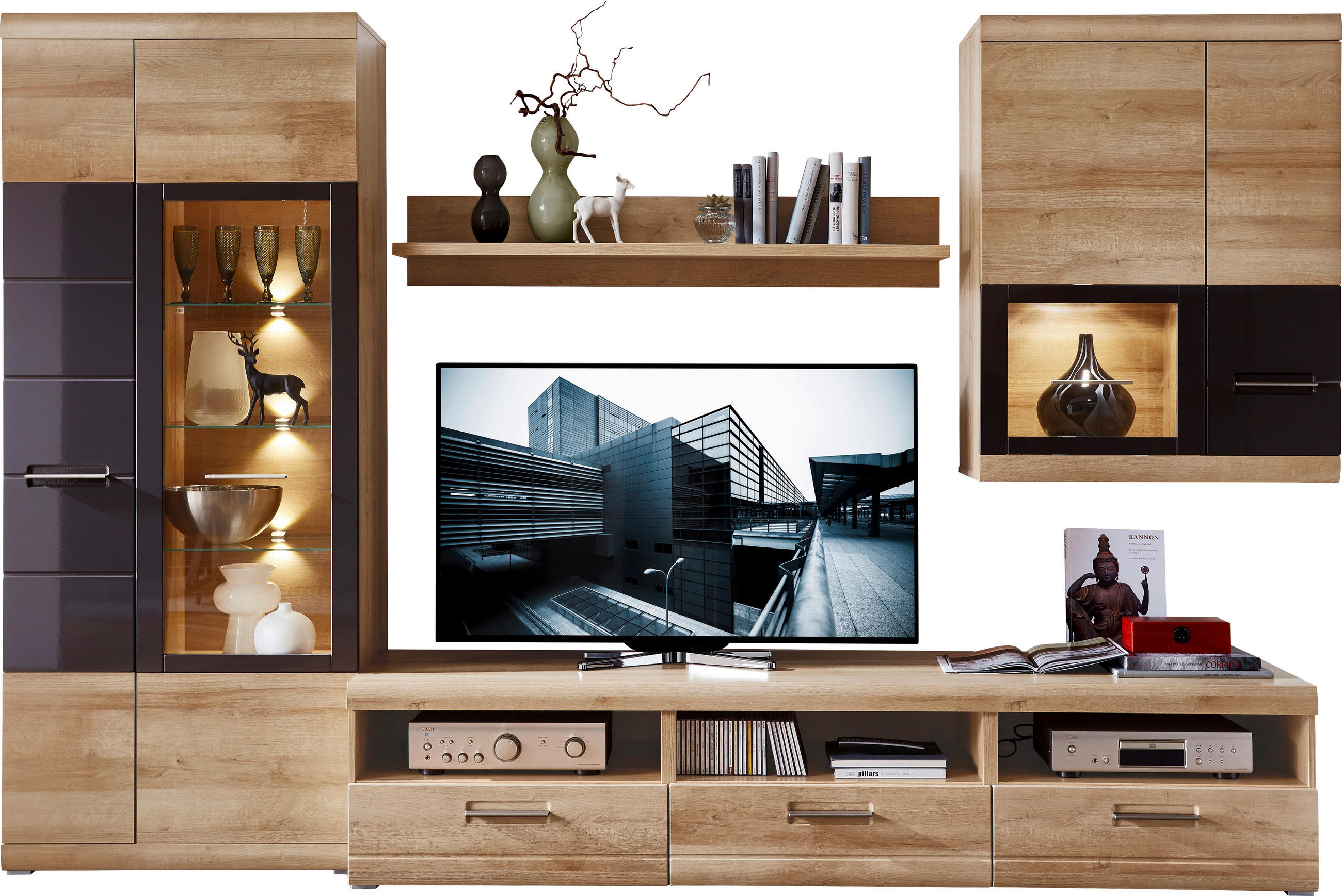 Wohnwand in Grau, Eichefarben