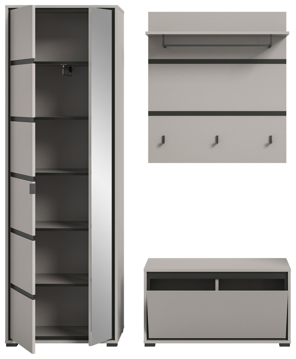 GARDEROBE 3-teilig  in 165/196/37 cm  - Schwarz/Grau, Design, Glas/Holzwerkstoff (165/196/37cm) - Xora