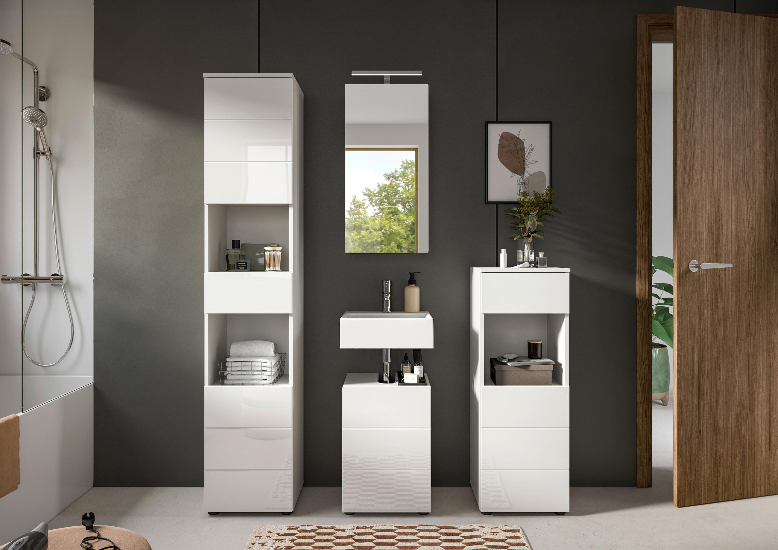 BADEZIMMER 4-teilig  in 114 cm  - Weiß Hochglanz/Schwarz, MODERN, Holzwerkstoff/Kunststoff (114cm) - MID.YOU