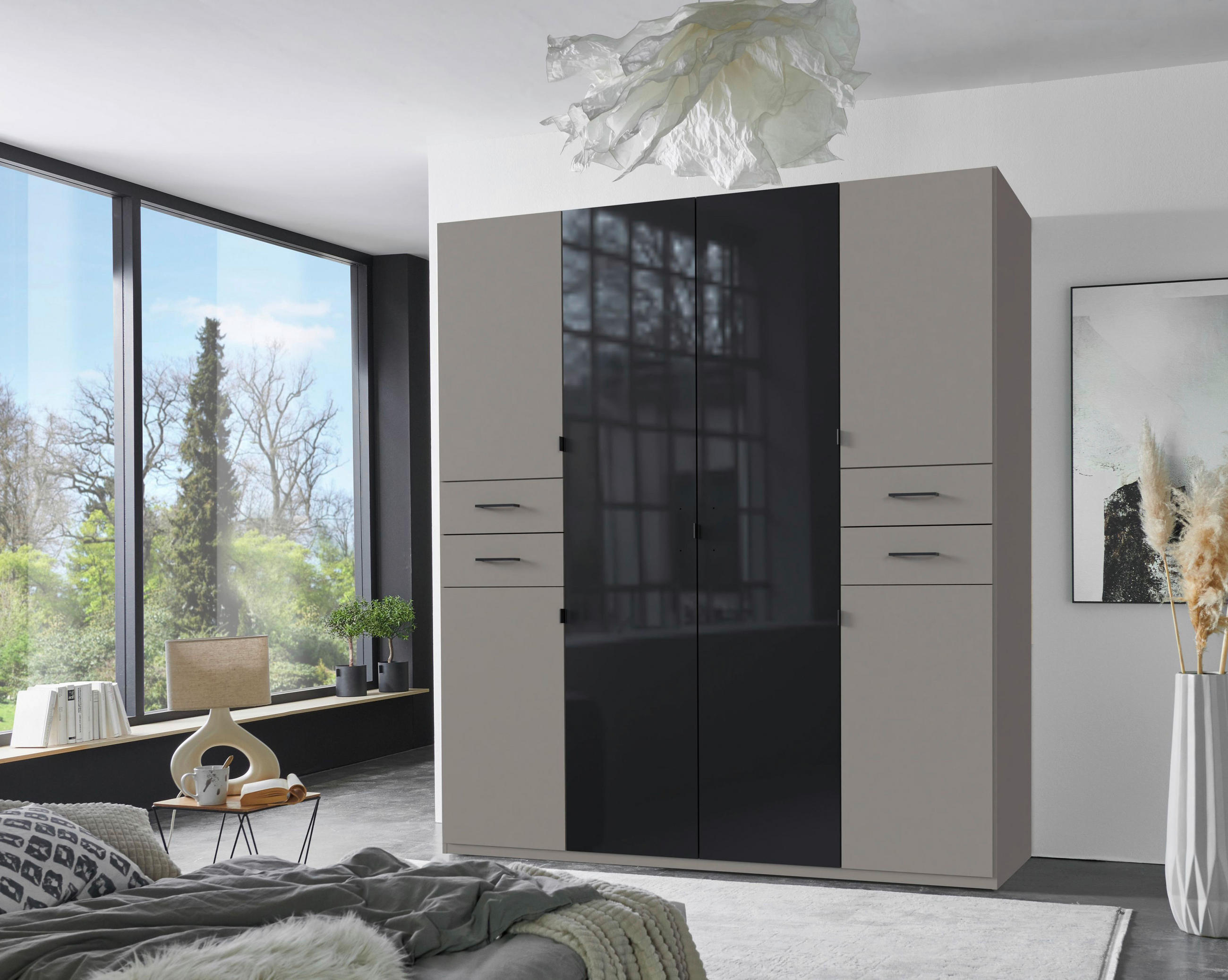 KLEIDERSCHRANK 180/208/58 cm 6-türig Grau, Schwarz  - Schwarz/Grau, KONVENTIONELL, Glas/Holzwerkstoff (180/208/58cm) - Boxxx