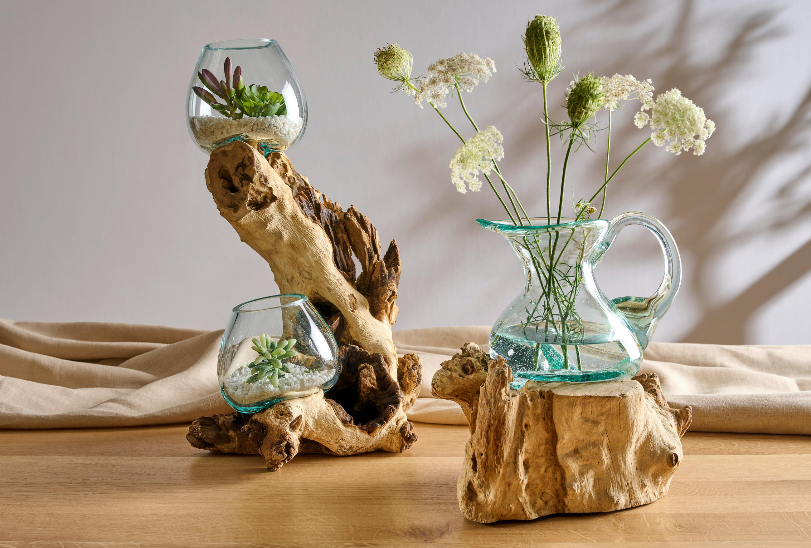 VÁZA, dřevo, sklo, 40 cm - čiré/ecru, Natur, dřevo/sklo (25/40/23cm) - Ambia Home