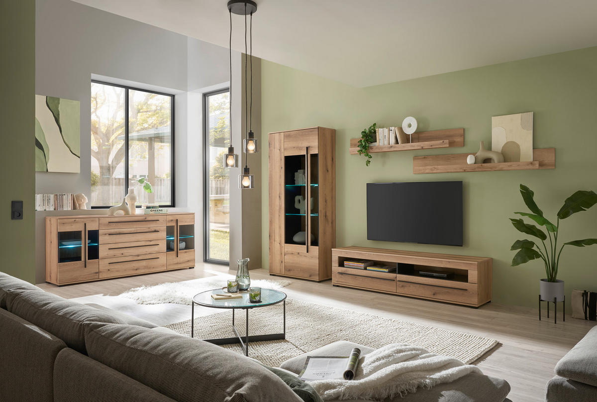 SIDEBOARD  200/86/42 cm 4 Schublade(n)  - Eichefarben/Schwarz, Design, Glas/Holzwerkstoff (200/86/42cm) - Livetastic