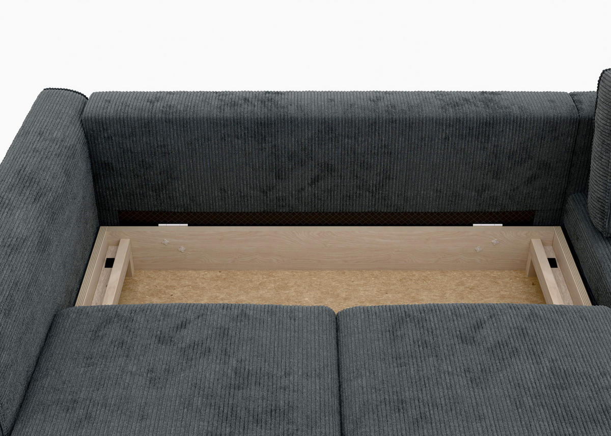 ECKSCHLAFSOFA  mit Bettkasten erhältlich, Sitzqualitäten, Schlafen auf Sitzhöhe, Bettfunktion erhältlich, Rücken echt, Armteil links, Armteil rechts Cord Dunkelgrau  - Dunkelgrau/Buchefarben, MODERN, Holz/Textil (232/161cm) - Trendmanufaktur