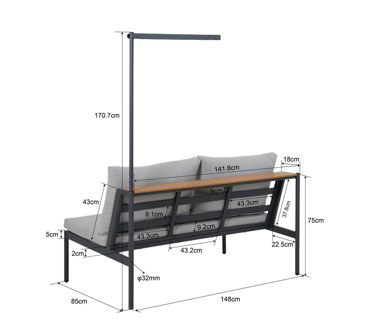 GARTENBANK 148/75/85 cm  Aluminium  - Anthrazit/Grau, Design, Kunststoff/Textil (148/75/85cm) - Ambia Garden