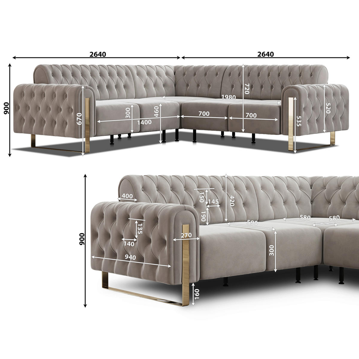 ECKSOFA  in Velours Beige  264/264 cm  - Beige/Goldfarben, KONVENTIONELL, Textil/Metall (264/264cm) - Carryhome