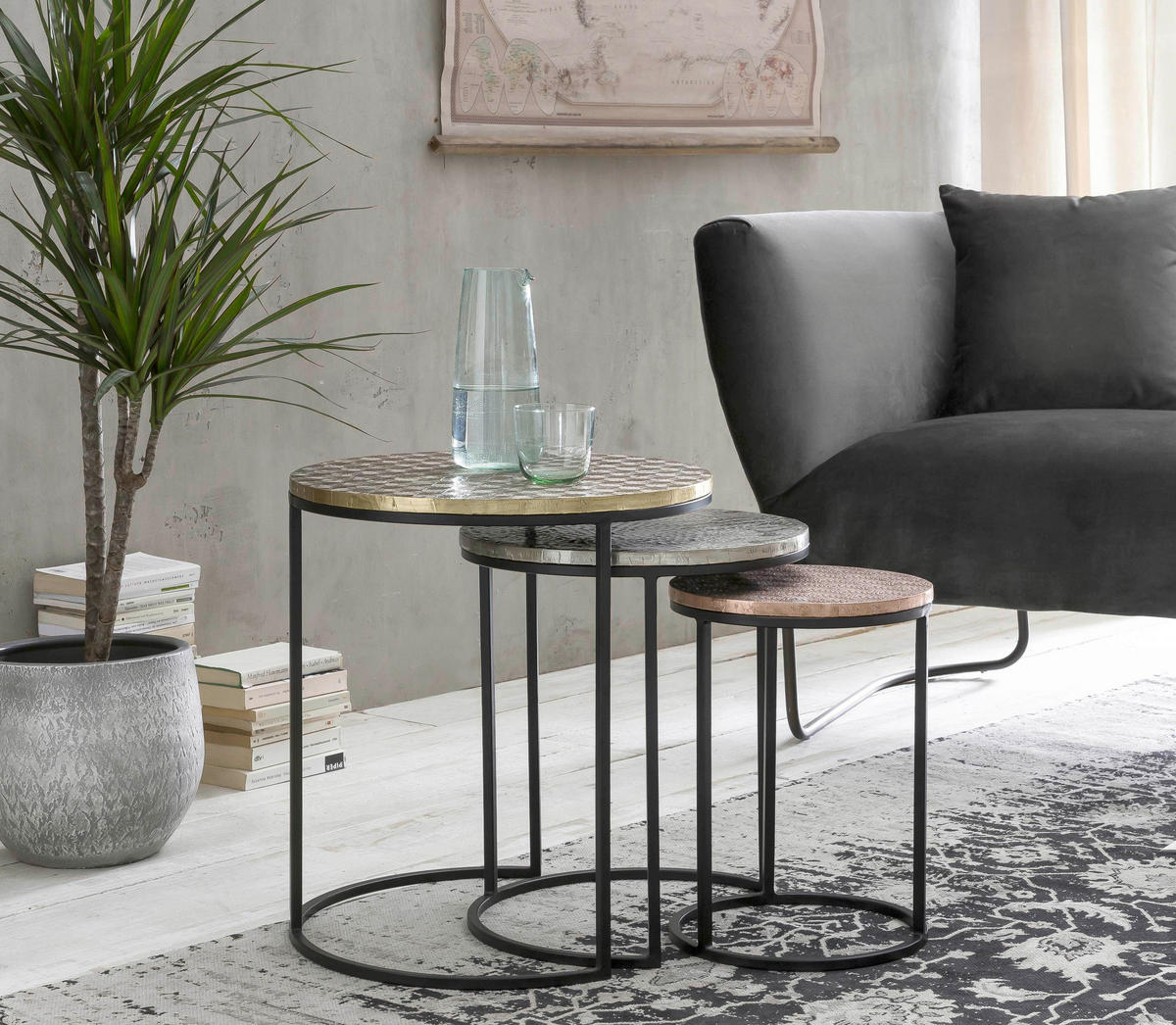 BEISTELLTISCHSET Mangoholz massiv rund Schwarz, Goldfarben, Kupferfarben, Messingfarben  - Messingfarben/Goldfarben, Design, Holz/Holzwerkstoff (45-38-28/45-38-28/49-44-39cm) - MID.YOU