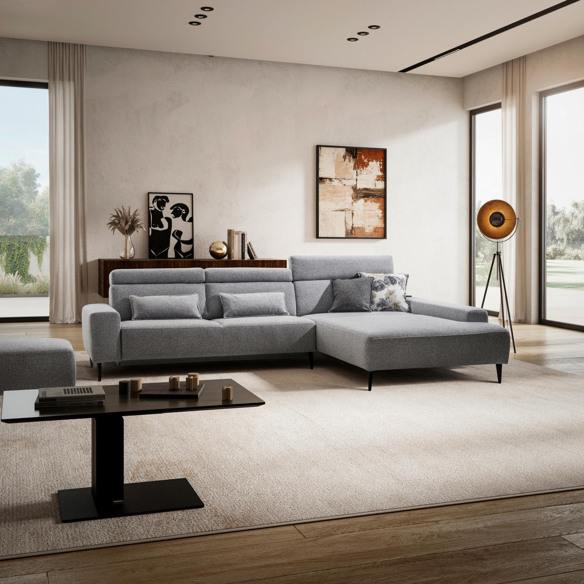 ECKSOFA  in Flachgewebe Grau  308/205 cm  - Schwarz/Grau, Design, Textil/Metall (308/205cm) - Sedda