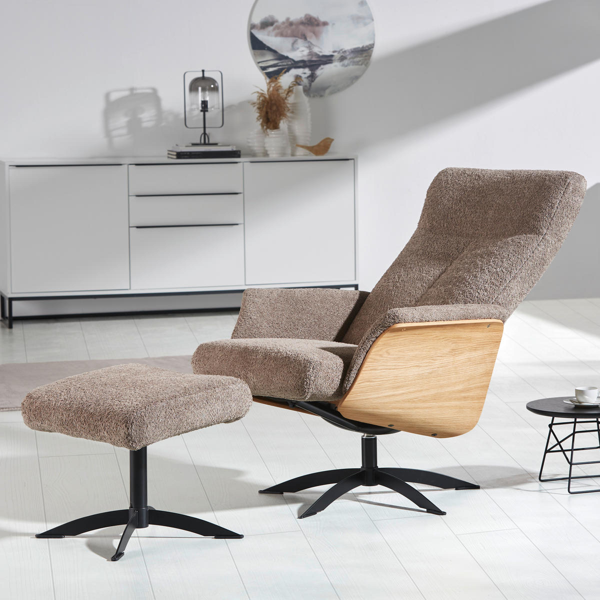 RELAXSESSEL Teddystoff Relaxfunktion    - Hellbraun/Schwarz, Design, Holz/Textil (71/104/77cm) - Welnova
