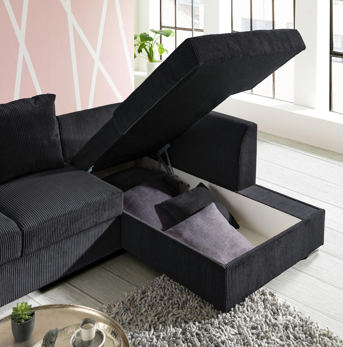 ECKSOFA in Cord Schwarz  - Schwarz, Design, Kunststoff/Textil (259/174cm) - Cantus