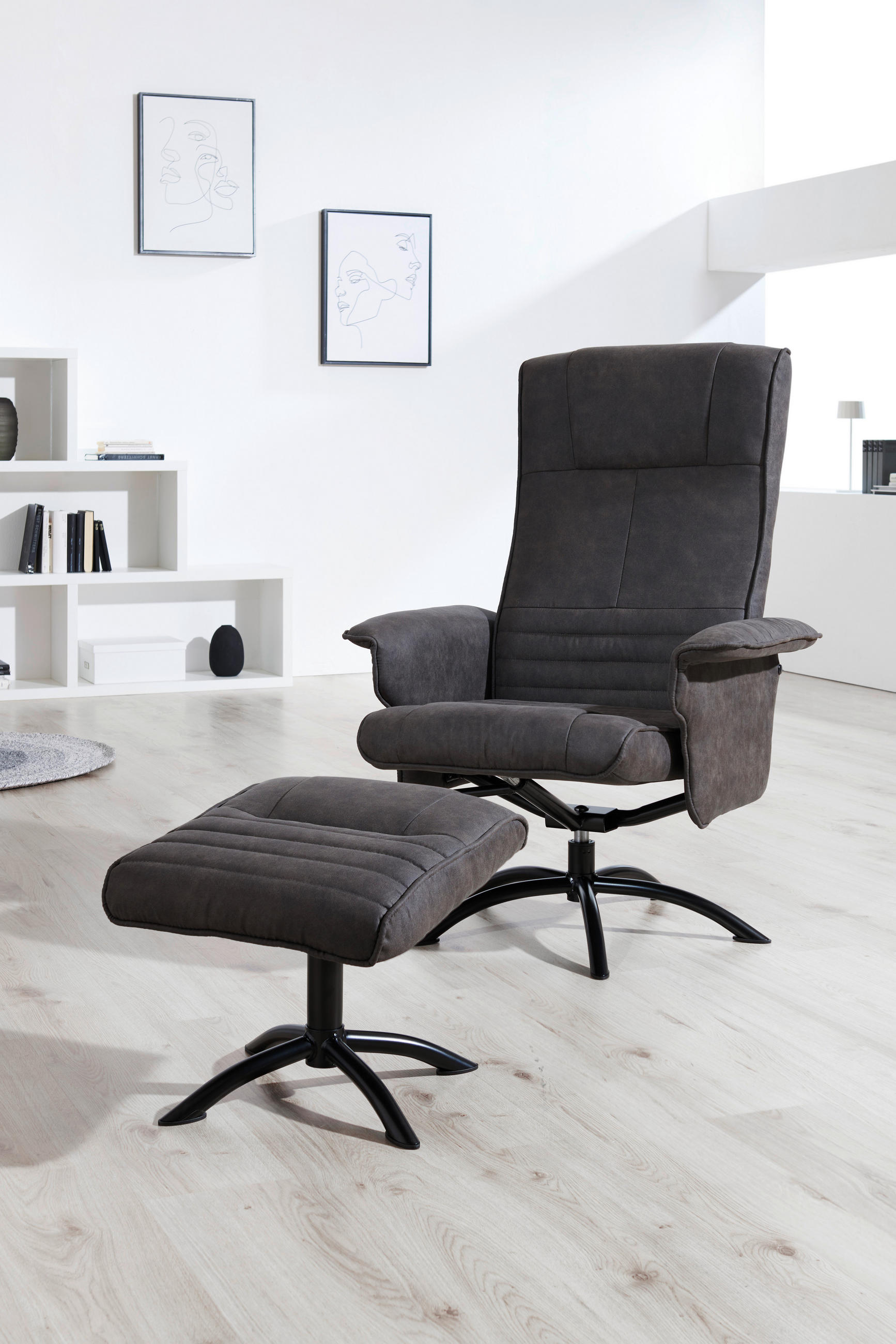 RELAXSESSELSET Mikrofaser Relaxfunktion, Hocker    - Anthrazit/Schwarz, Design, Textil/Metall (80/108/75cm) - Cantus