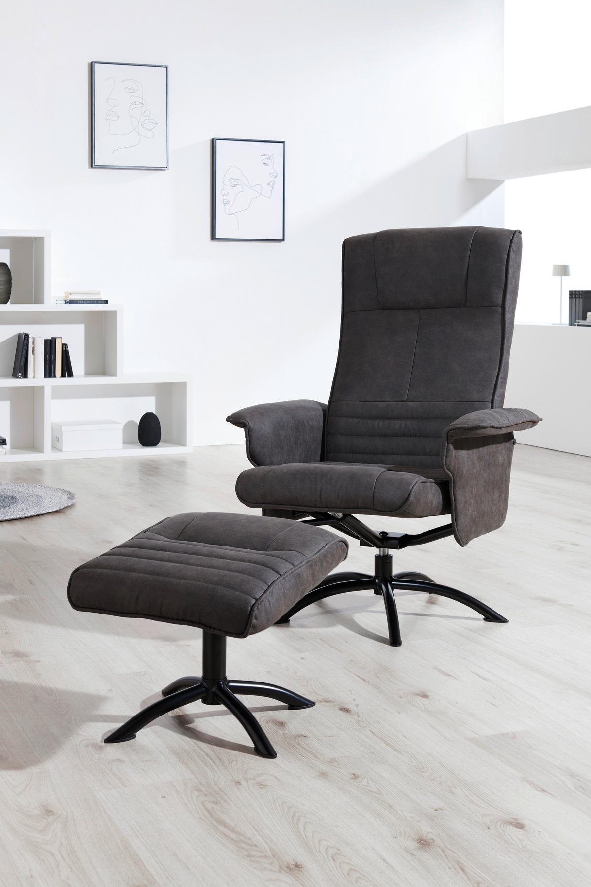 RELAXSESSELSET Mikrofaser Relaxfunktion, Hocker    - Anthrazit/Schwarz, Design, Textil/Metall (80/108/75cm) - Cantus