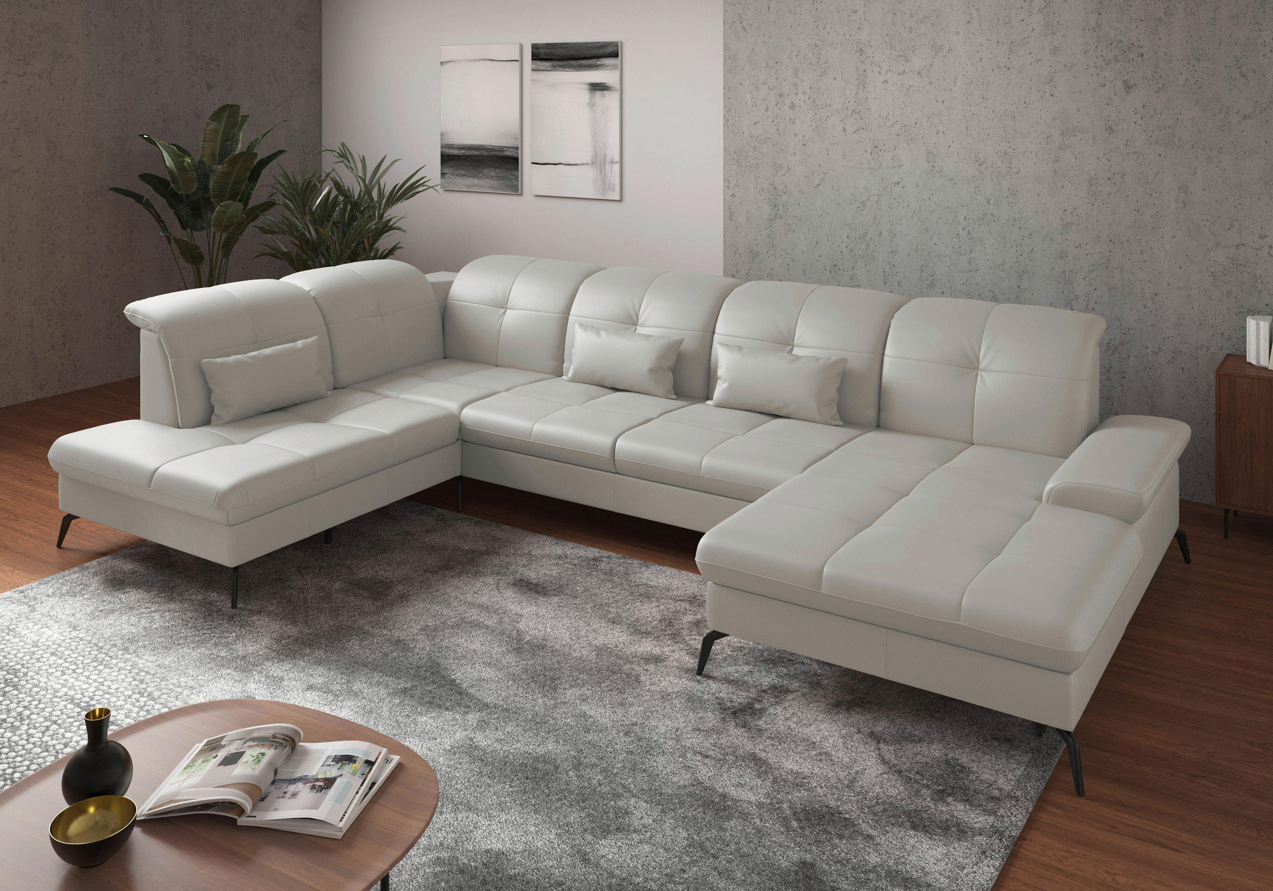 WOHNLANDSCHAFT Weiß Echtleder  - Schwarz/Weiß, KONVENTIONELL, Leder/Metall (231/357/185cm) - Sit & More