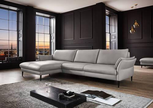 ECKSOFA Hellgrau Echtleder  - Hellgrau/Schwarz, Design, Leder/Metall (172/334cm) - Hukla