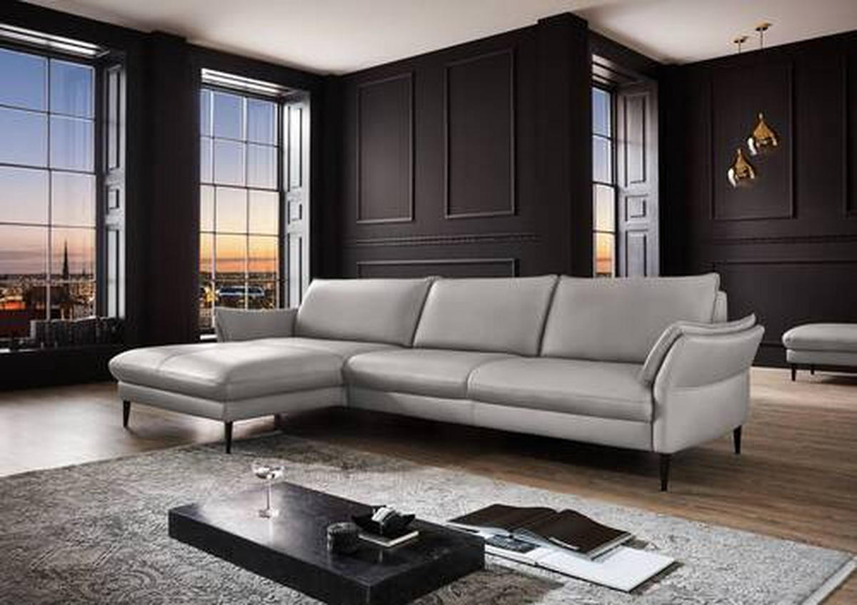 ECKSOFA in Echtleder Hellgrau  - Hellgrau/Schwarz, Design, Leder/Metall (172/334cm) - Valdera
