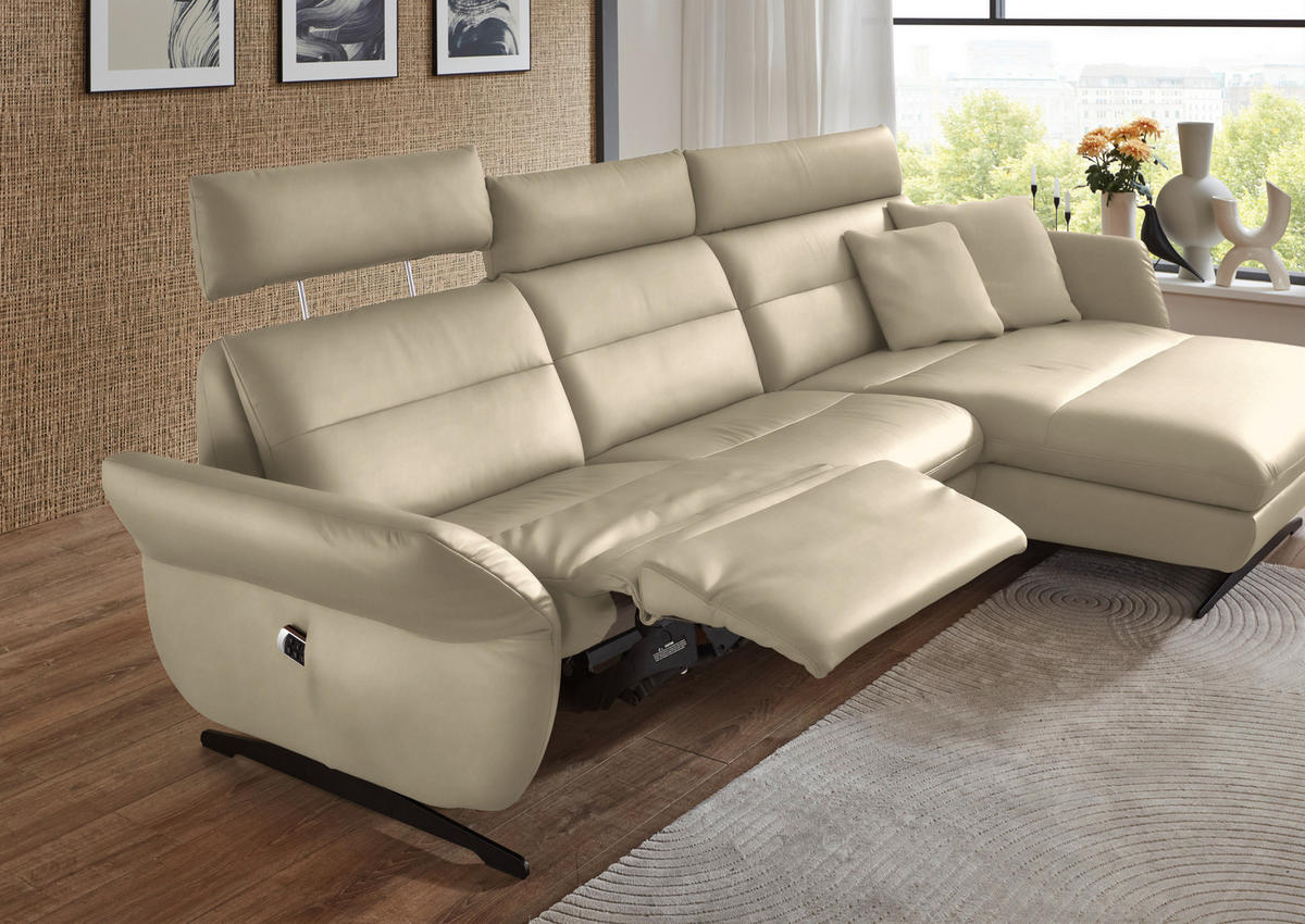 ECKSOFA in Echtleder Ecru  - Ecru/Schwarz, Design, Leder/Metall (300/157cm) - Dieter Knoll
