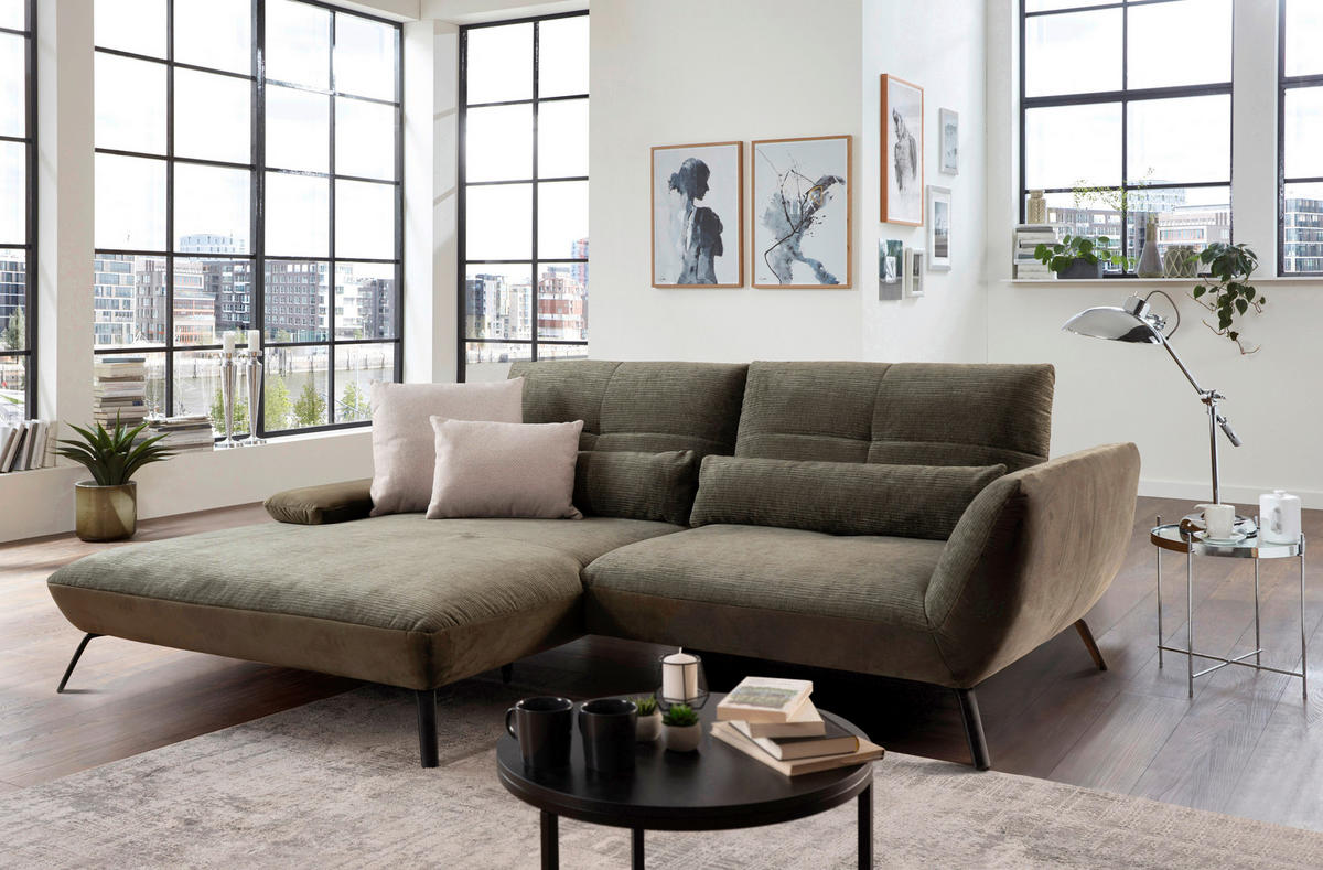 ECKSOFA Olivgrün Flachgewebe  - Schwarz/Olivgrün, Trend, Textil/Metall (191-207/273cm) - Livetastic