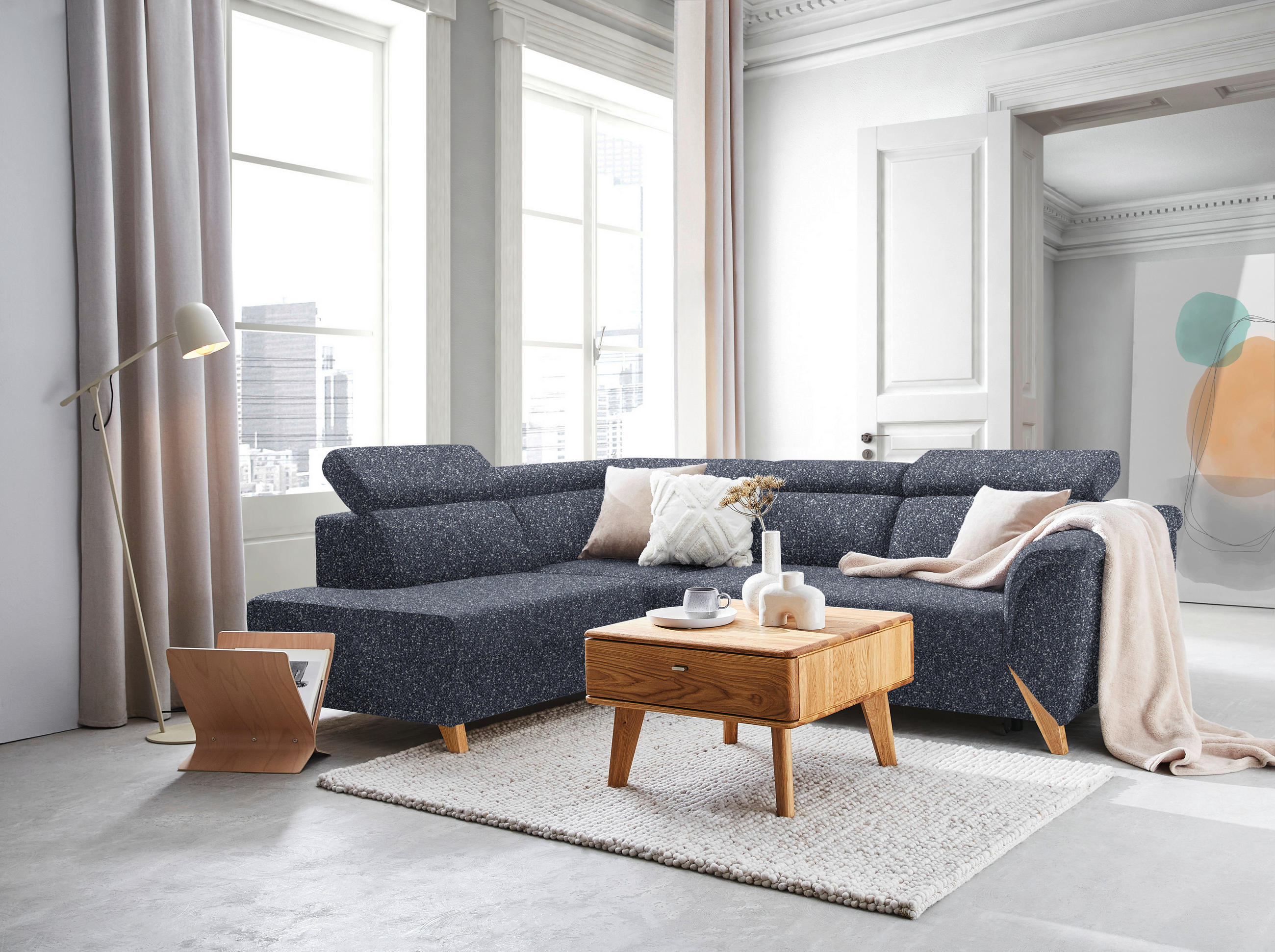 ECKSOFA in Bouclé Dunkelblau  200/265 cm  - Naturfarben/Dunkelblau, KONVENTIONELL, Holz/Textil (200/265cm) - Stylife