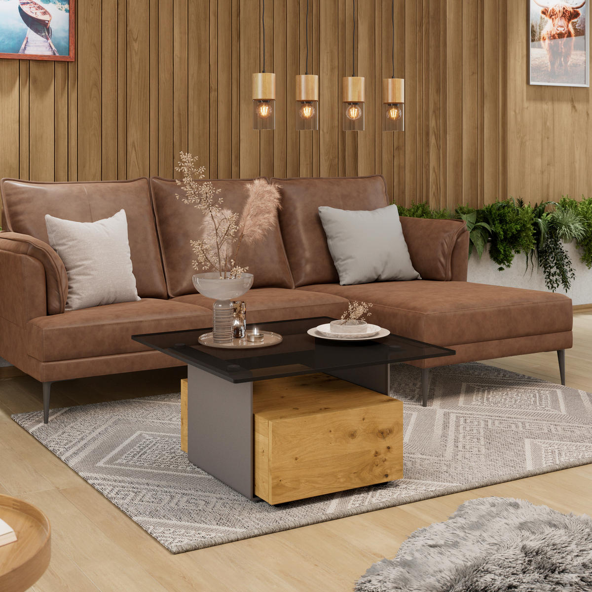 COUCHTISCH in Holz, Metall, Glas 80/80/43 cm  - Eichefarben/Anthrazit, Natur, Glas/Holz (80/80/43cm) - Voglauer