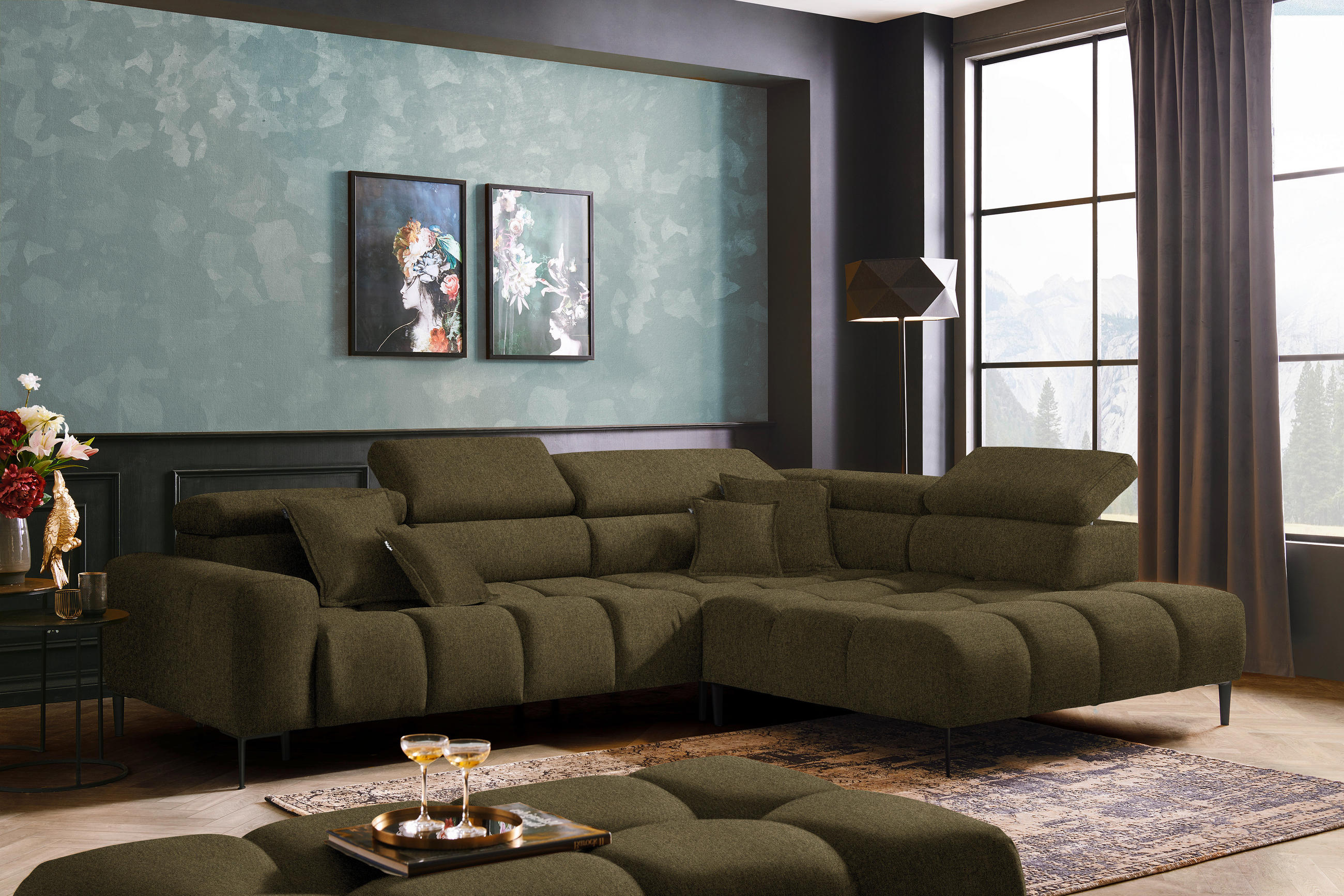 ECKSOFA in Webstoff Olivgrün  - Currygelb/Schwarz, Design, Textil/Metall (300/216cm) - Welnova
