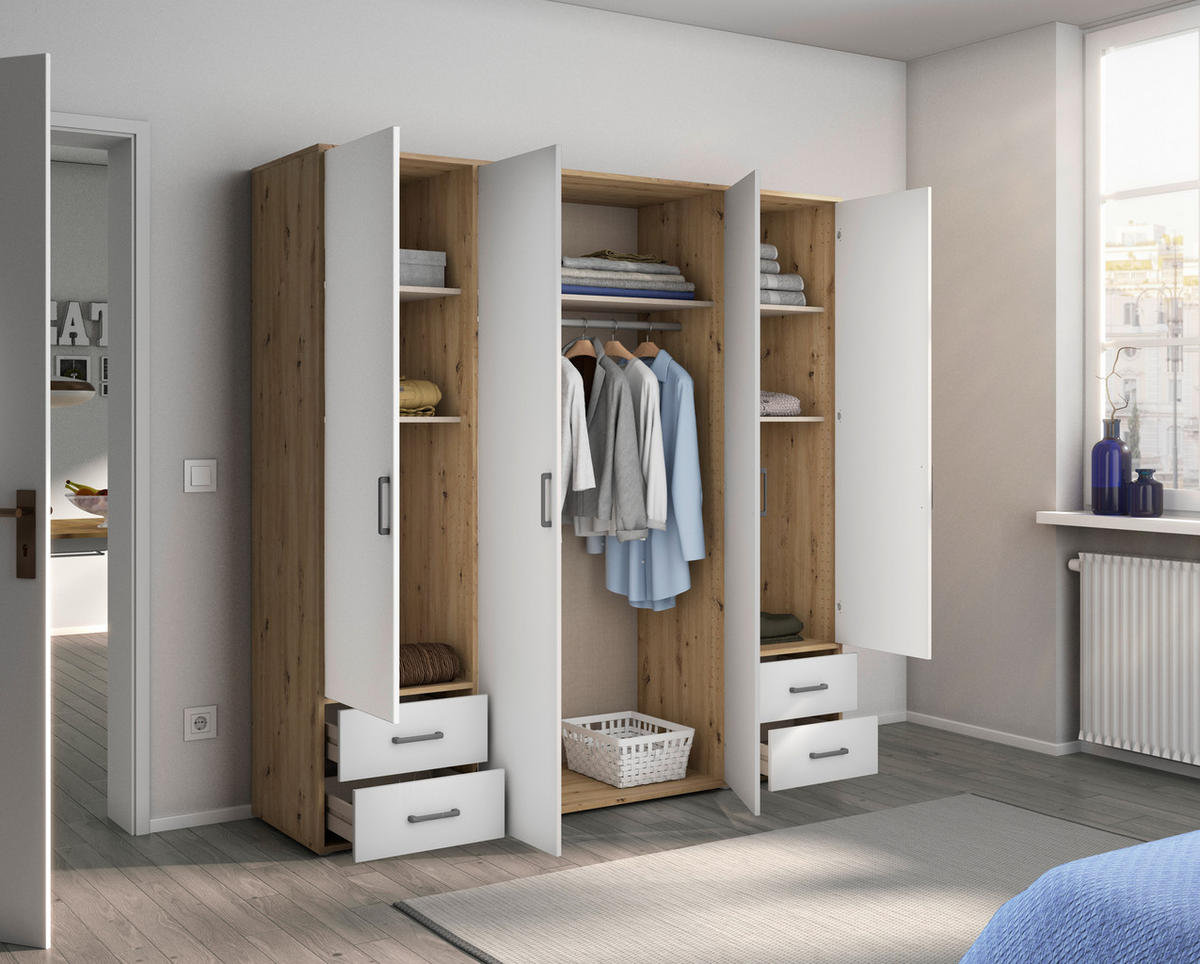 DREHTÜRENSCHRANK in Weiss, Eiche Artisan  - Weiss/Eiche Artisan, Modern, Holzwerkstoff/Kunststoff (187/194/53cm) - Rauch Möbel