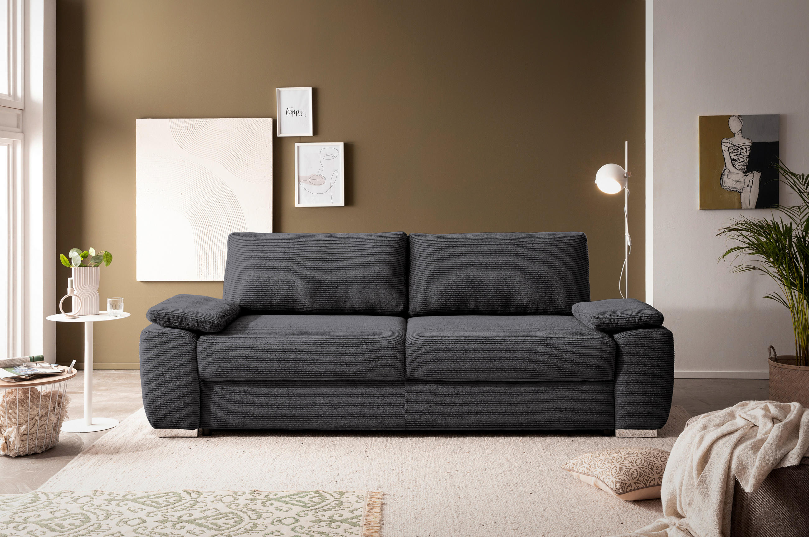 SCHLAFSOFA Cord Anthrazit, Dunkelgrau  - Chromfarben/Dunkelgrau, Design, Kunststoff/Textil (258/100/148cm) - Stylife