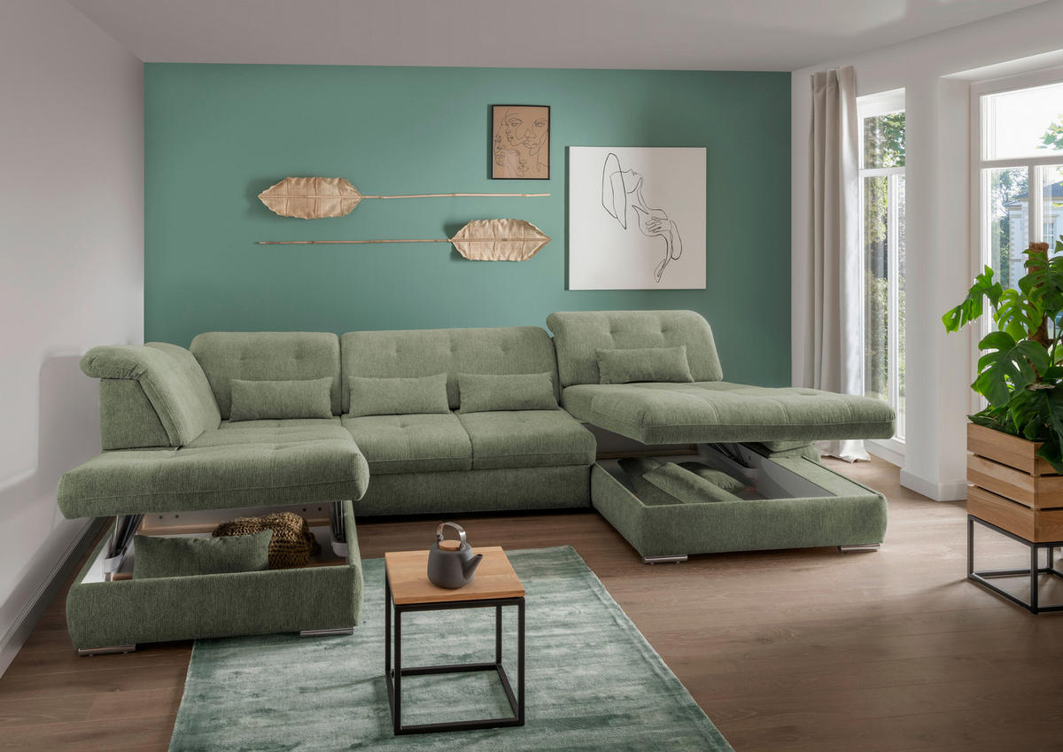 WOHNLANDSCHAFT Grün Chenille  - Chromfarben/Grün, Design, Textil/Metall (254/376/195cm) - Livetastic