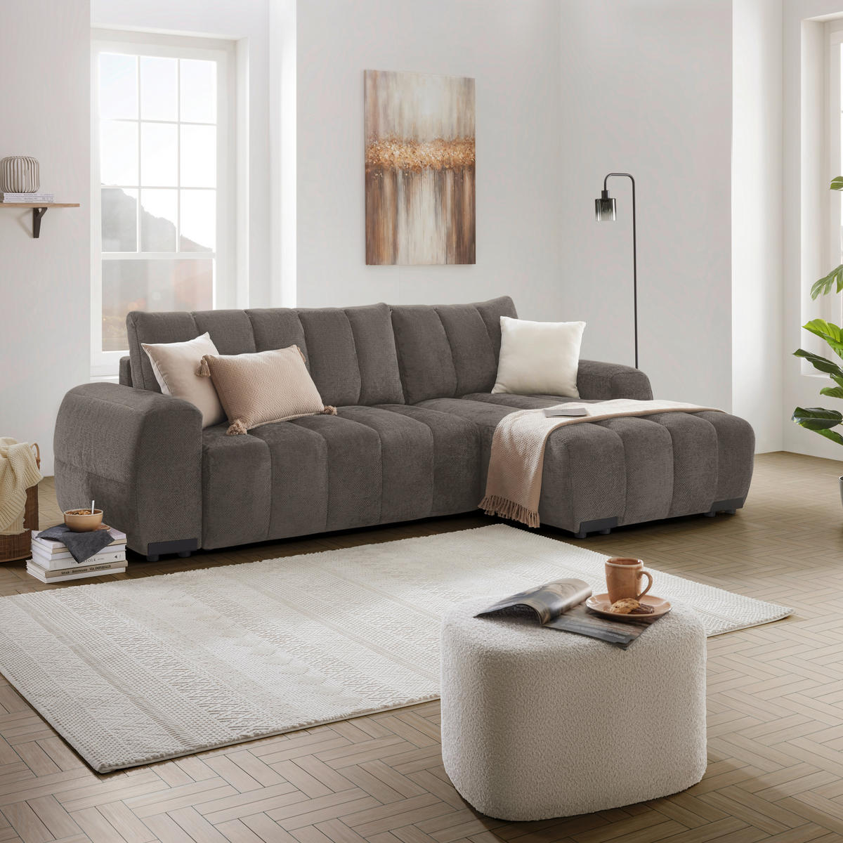 ECKSOFA Flachgewebe Graubraun  - Schwarz Hochglanz/Graubraun, Modern, Textil/Metall (273/93/166cm) - MID.YOU