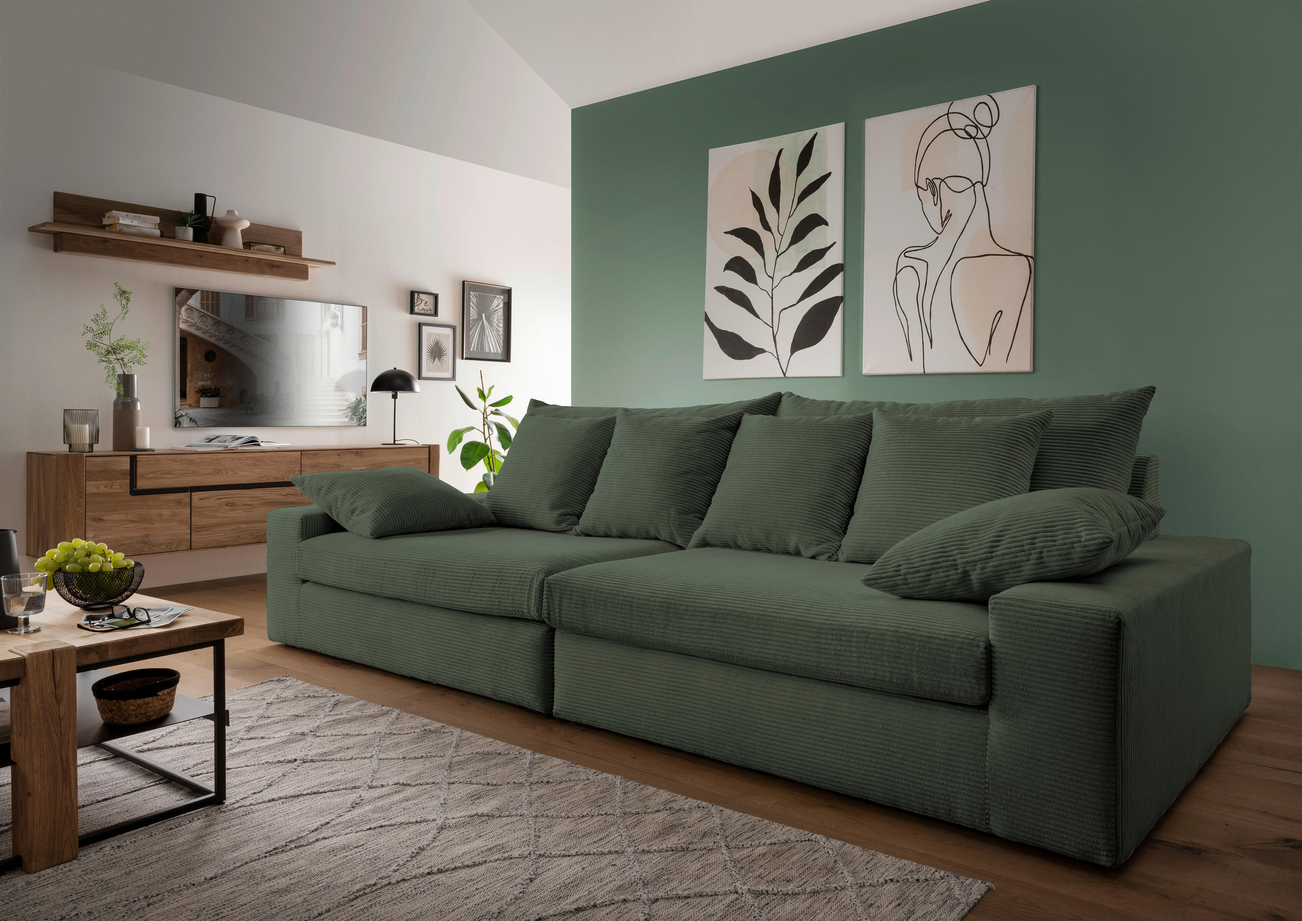 VIERSITZER-SOFA in Cord Grün  - Schwarz/Grün, MODERN, Kunststoff/Textil (308/80/140cm) - Livetastic