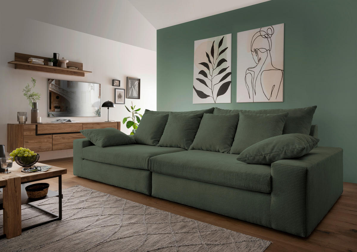 VIERSITZER-SOFA in Cord Grün  - Schwarz/Grün, Modern, Kunststoff/Textil (308/80/140cm) - Livetastic