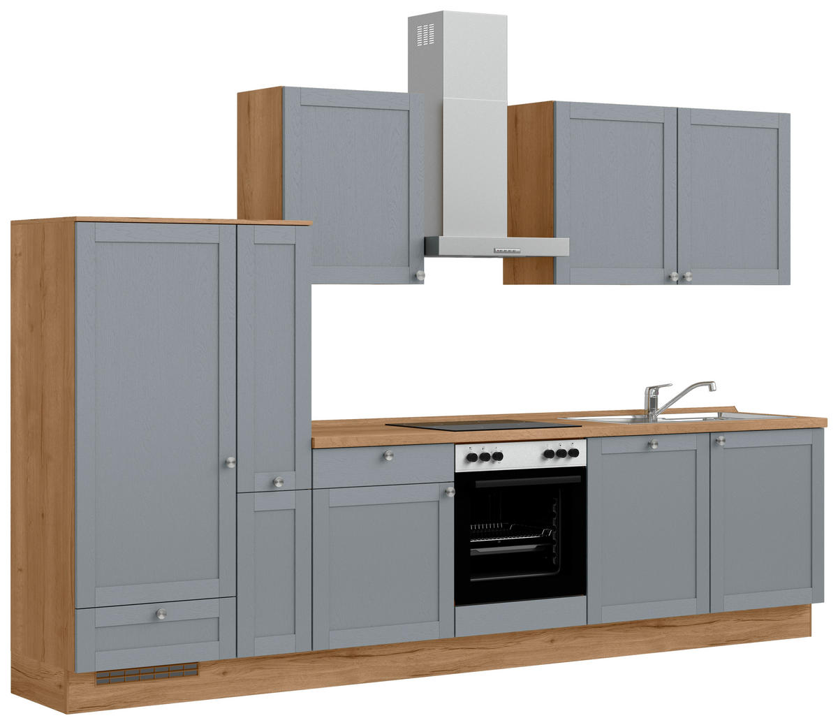 KÜCHENBLOCK Frame 330 cm  in Eichefarben, Blaugrau  - Edelstahlfarben/Eichefarben, MODERN, Holzwerkstoff/Metall (330cm) - Nobilia