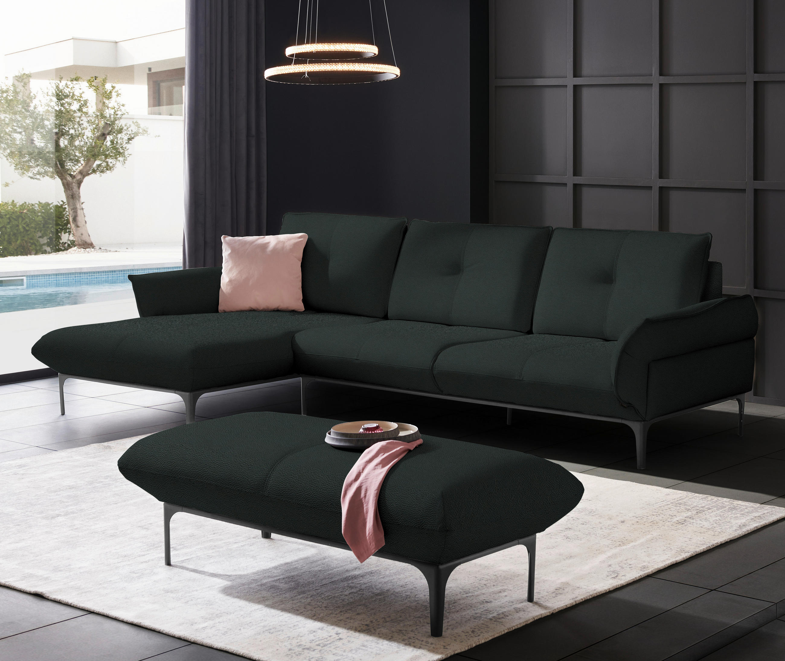 ECKSOFA in Echtleder Schwarz  - Schwarz, Design, Leder/Metall (182/325cm) - Valnatura