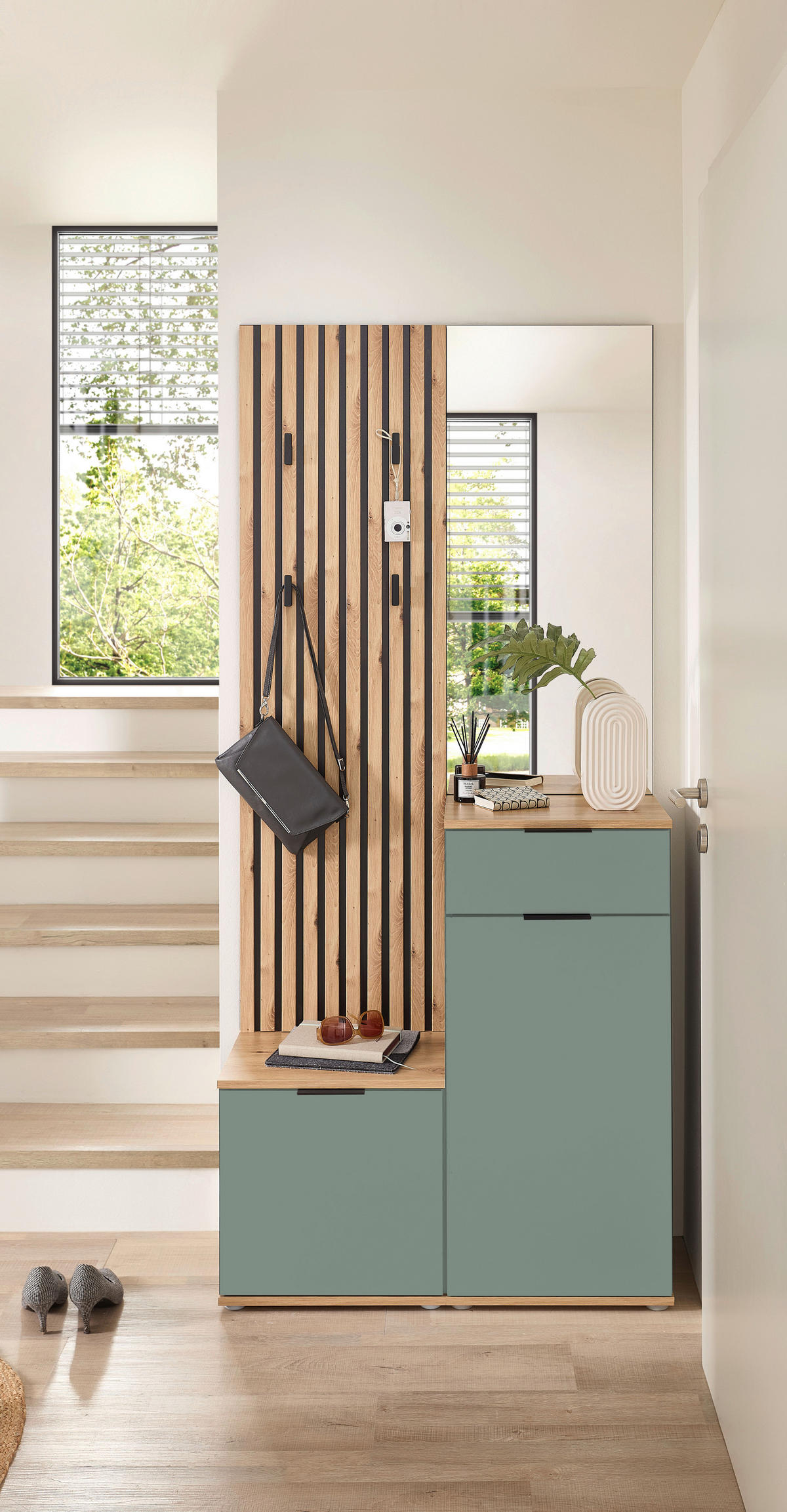GARDEROBE 4-teilig  in 88/195/35 cm  - Salbeigrün/Eiche Artisan, Design, Glas/Holzwerkstoff (88/195/35cm) - Xora