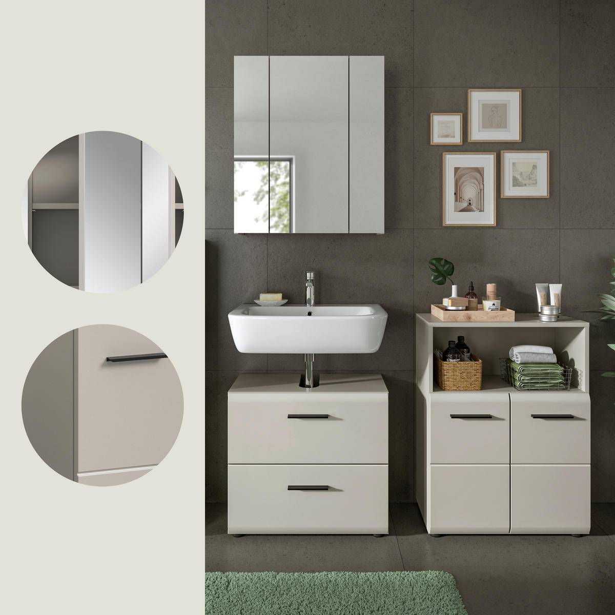 BADEZIMMER 3-teilig  in 120 cm  - Kaschmir/Schwarz, Trend, Glas/Holzwerkstoff (120cm) - MID.YOU