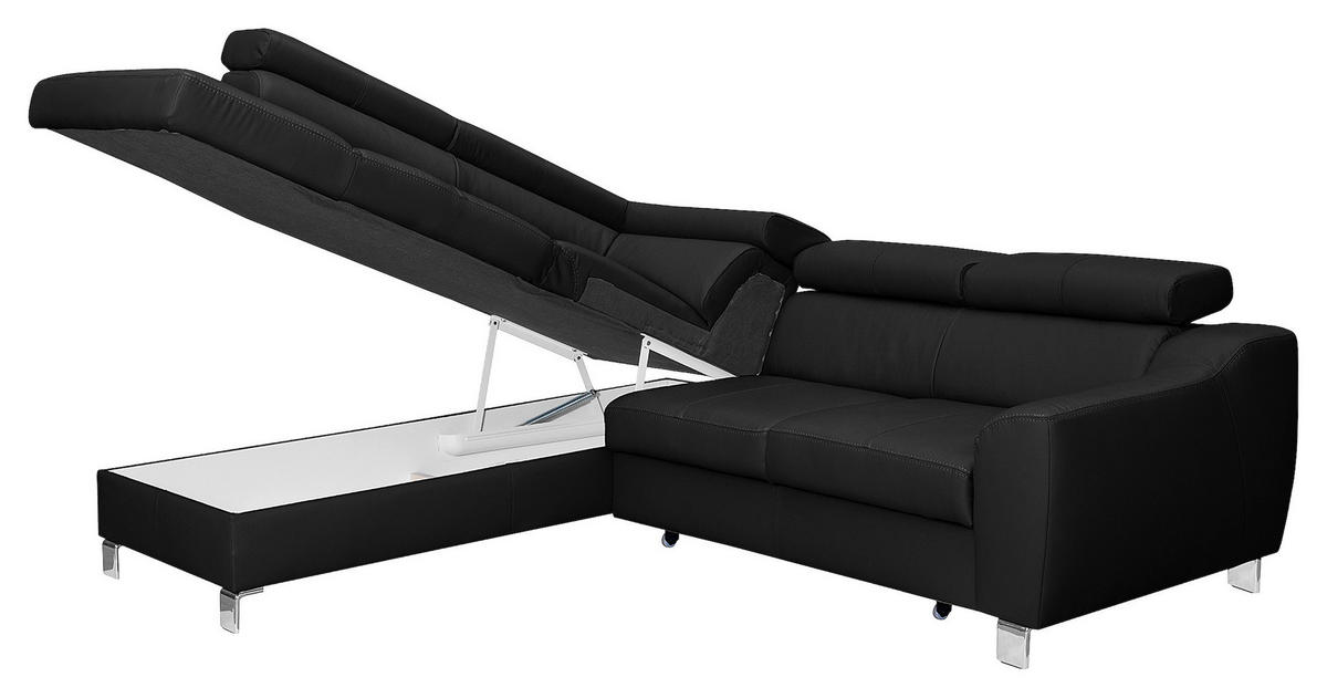 ECKSOFA in Lederlook Echtleder Schwarz  - Chromfarben/Schwarz, Design, Leder/Textil (208/245cm) - Livetastic