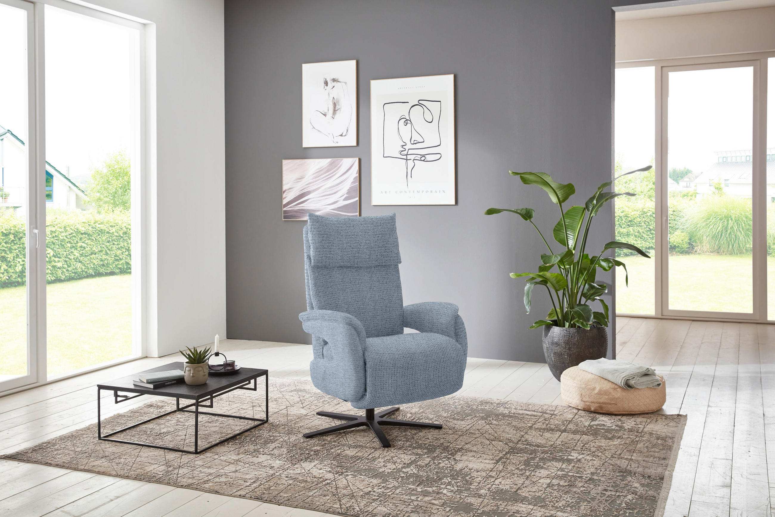 RECLINERFÅTÖLJ i struktur ljusblå  - ljusblå/svart, Modern, metall/textil (73/113-117/85cm) - Livetastic