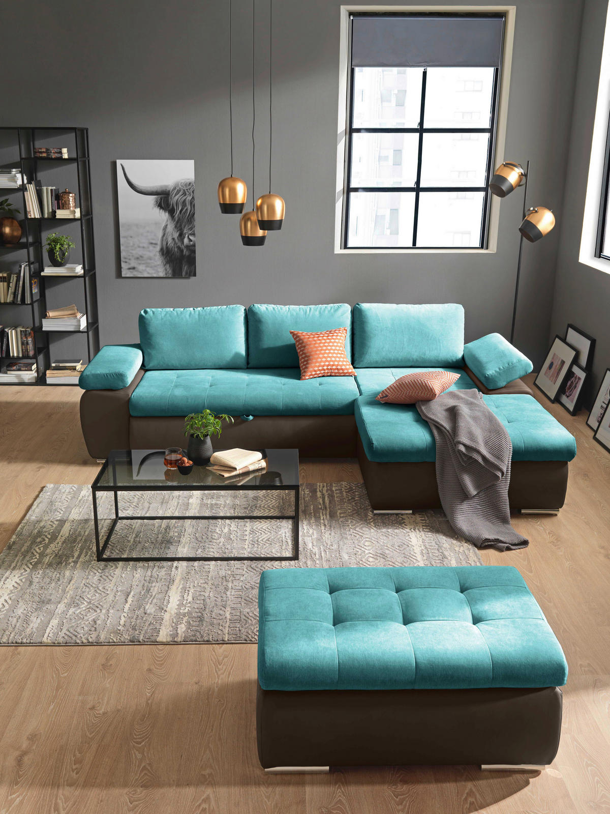 ECKSOFA Türkis, Schlammfarben Flachgewebe  - Türkis/Schlammfarben, Design, Kunststoff/Textil (271/175cm) - MID.YOU