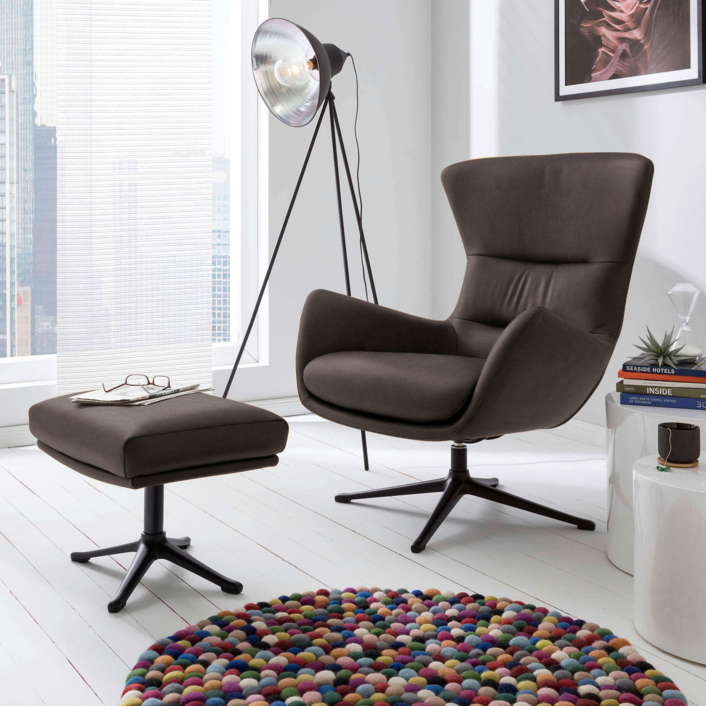 OHRENSESSEL in Dunkelbraun  - Dunkelbraun/Schwarz, Design, Leder/Metall (84/104/96cm) - home24