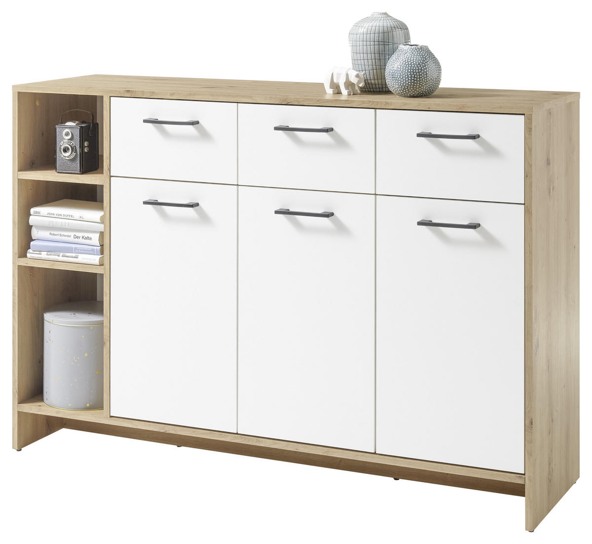 KOMODA, bela, barve hrasta  - črna/barve hrasta, Design, umetna masa/leseni material (135/92/38cm) - MID.YOU