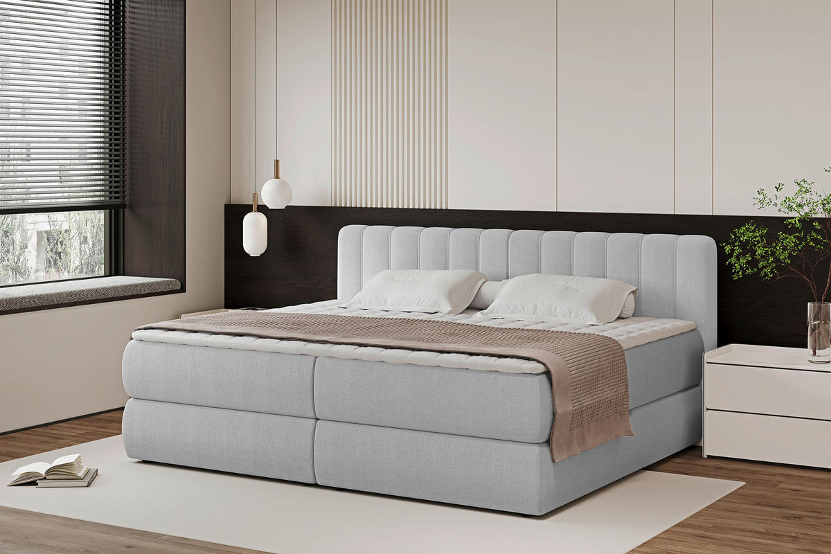 BOXSPRINGBETT 200/200 cm,  in Hellgrau, gepolstertes Kopfteil, Bettkasten, Topper, Matratzen, H3 + H4 = fest + sehr fest  - Hellgrau/Schwarz, Design, Kunststoff/Textil (200/200cm) - Chameo