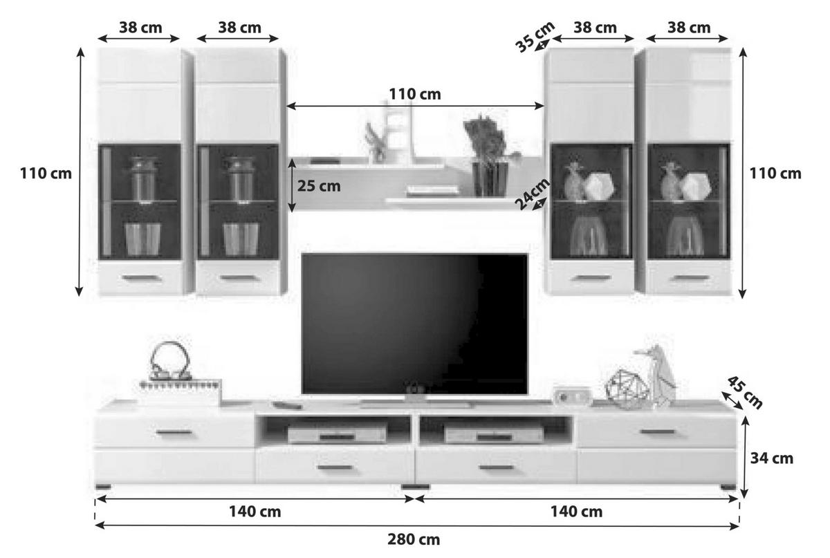 WOHNWAND  in Schwarz, Weiß  280/195/45 cm  - Schwarz/Weiß, Design, Glas/Holzwerkstoff (280/195/45cm) - Carryhome