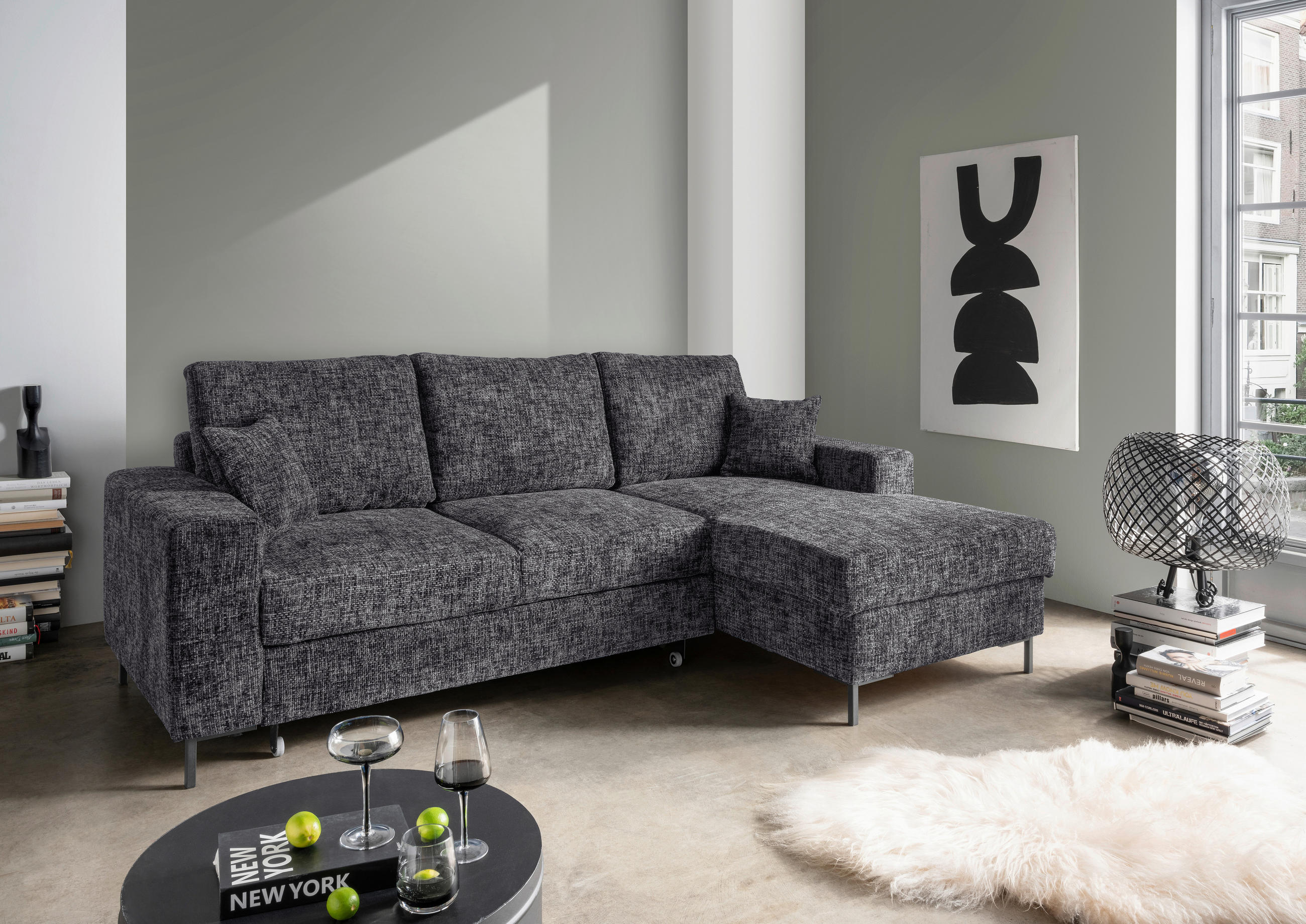 ECKSCHLAFSOFA  mit Rücken echt Struktur Schwarz  - Schwarz, KONVENTIONELL, Textil/Metall (237/143cm) - Livetastic