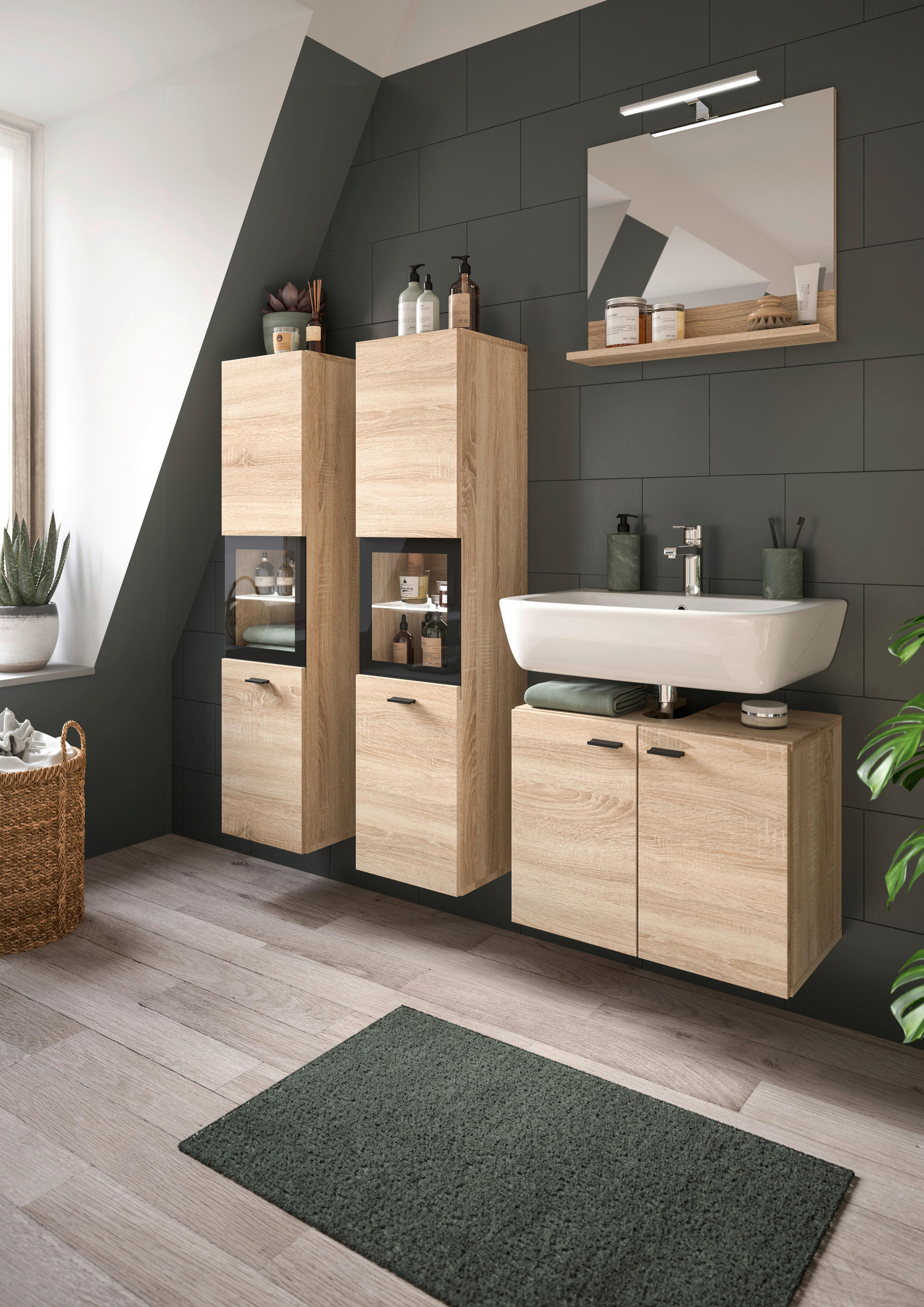 MIDISCHRANK 30/125/29 cm  - Schwarz/Sonoma Eiche, MODERN, Glas/Holzwerkstoff (30/125/29cm) - MID.YOU