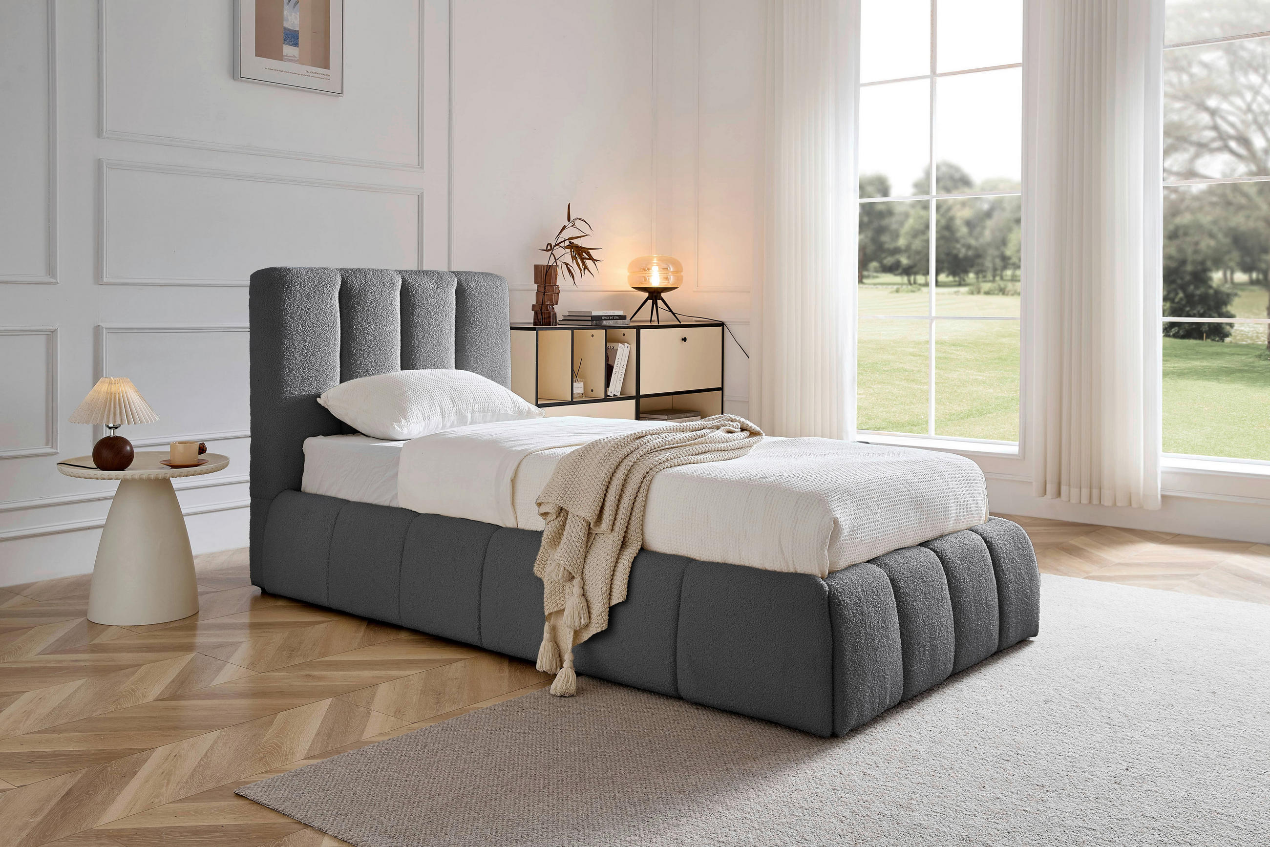 POLSTERBETT gepolstertes Kopfteil, Lattenrost, Bettkasten 90/200 cm  in Grau  - Schwarz/Naturfarben, Design, Holz/Kunststoff (90/200cm) - Boxxx