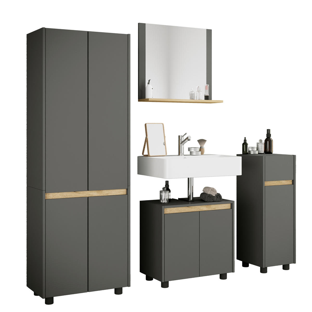 BADEZIMMER 4-teilig  in 154 cm  - Honigeiche/Anthrazit, Trend, Holzwerkstoff/Kunststoff (154cm) - MID.YOU