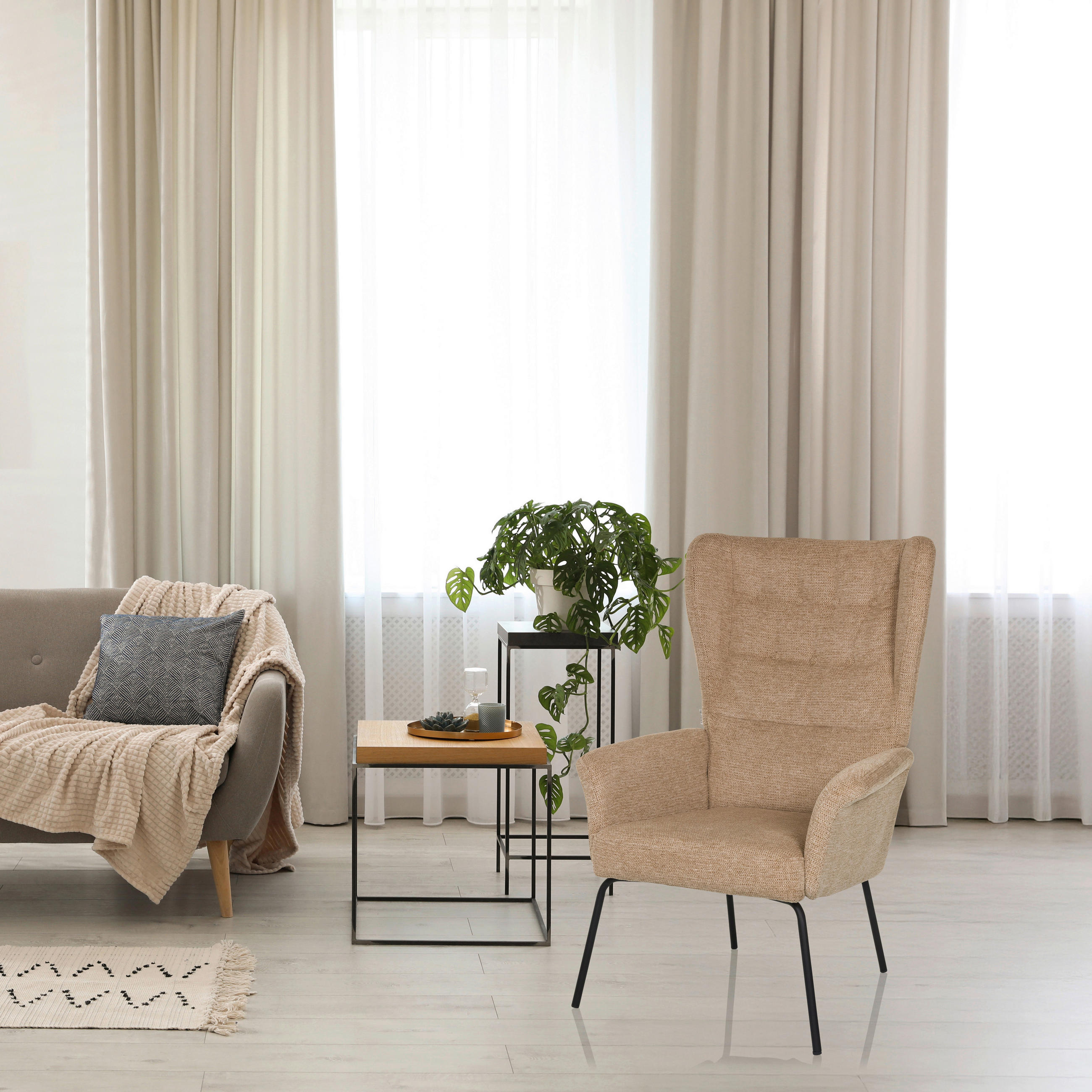 OHRENSESSEL Bouclé Beige  - Beige/Schwarz, MODERN, Textil/Metall (71/110/71cm) - MID.YOU