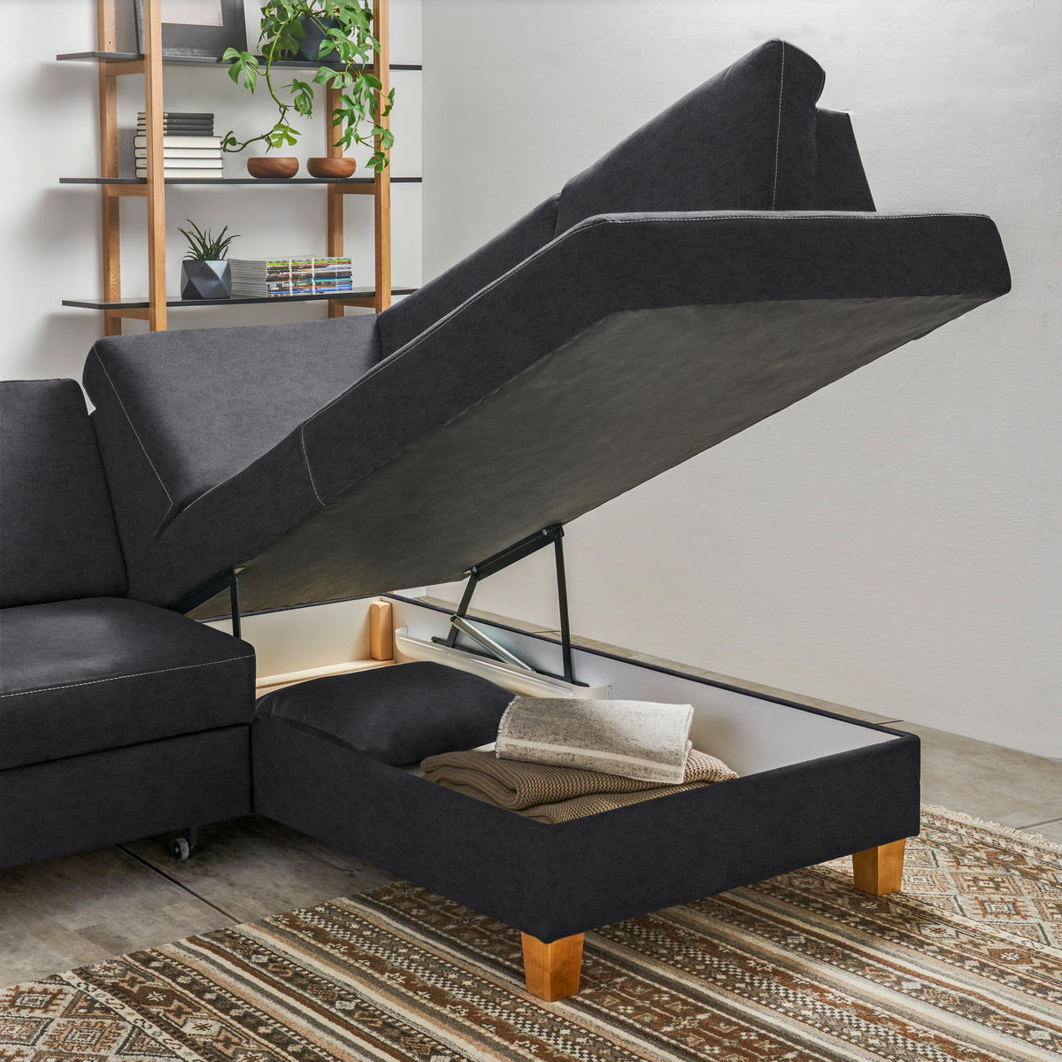 ECKSOFA Dunkelgrau Flachgewebe  - Eichefarben/Dunkelgrau, Design, Holz/Textil (253/185cm) - Cantus