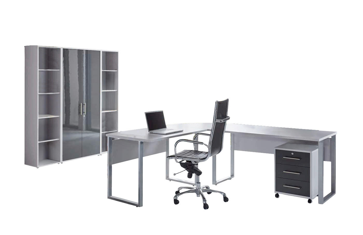 BÜRO erweiterbar, in verschiedenen Holz-Dekoren erhältlich, Schreibtisch seitenverkehrt montierbar, abschließbar Grau, Anthrazit Hochglanz - Anthrazit Hochglanz/Grau, MODERN, Holzwerkstoff - MID.YOU