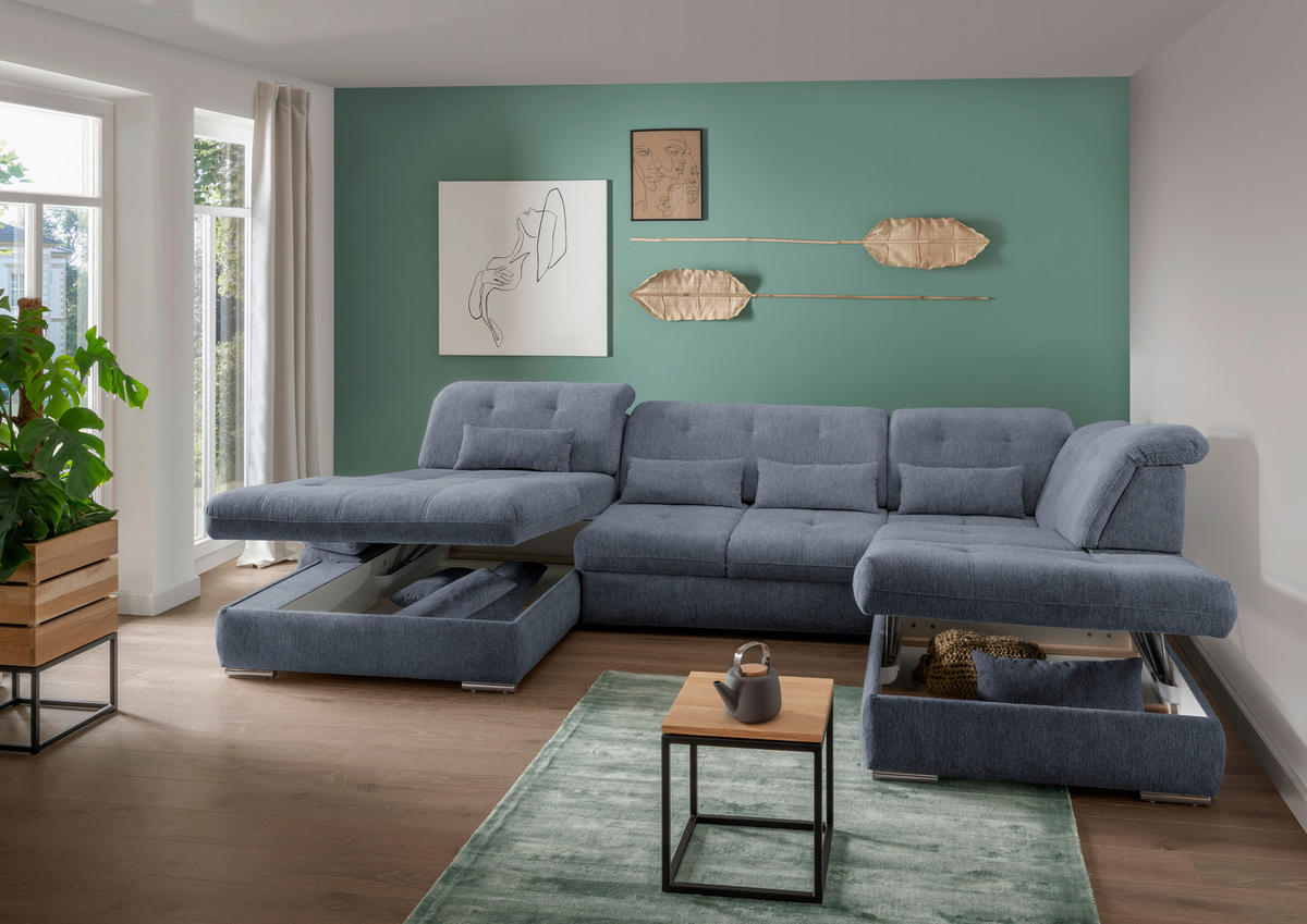 WOHNLANDSCHAFT in Chenille Hellblau  - Chromfarben/Hellblau, Design, Textil/Metall (195/376/254cm) - Livetastic